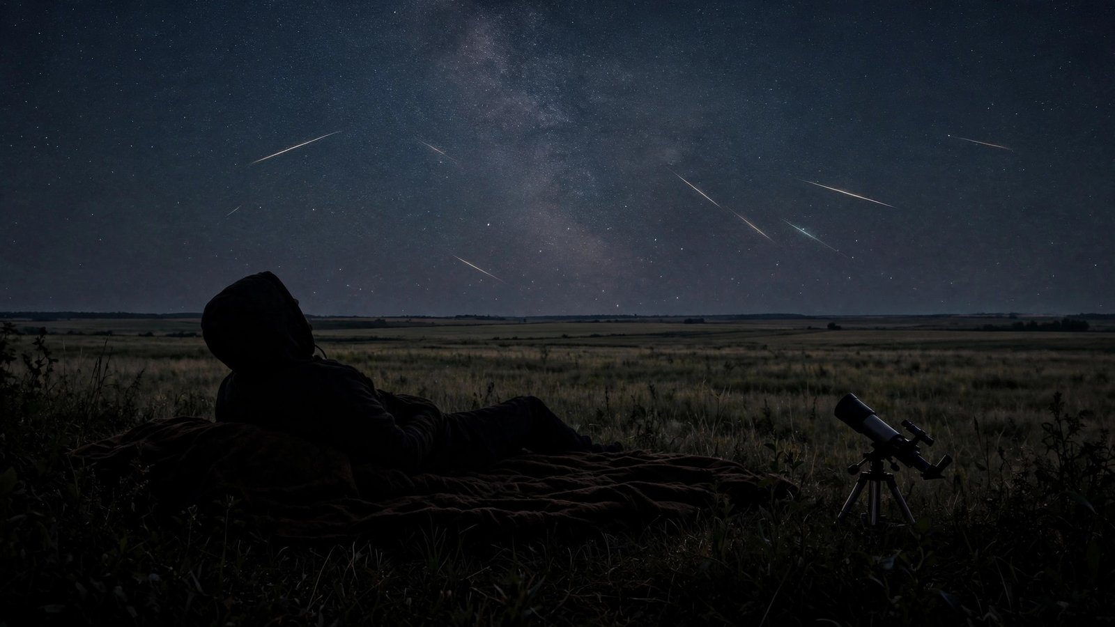A silhouetted person lying on a blanket in a field under a starry sky watching meteors, with a telescope nearby