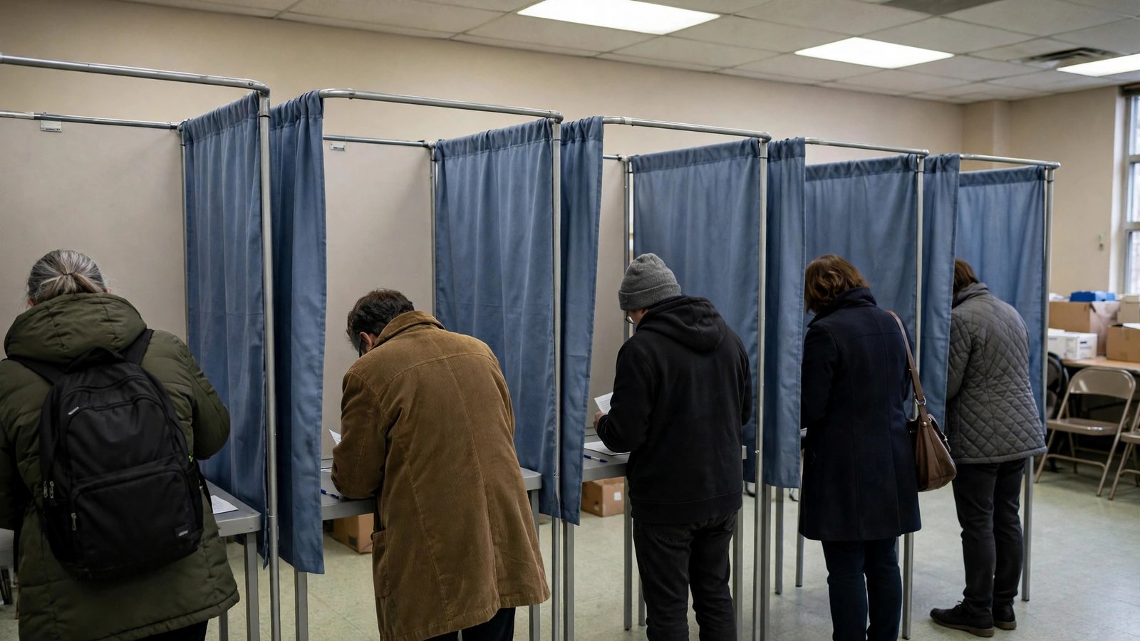 Five voters seen from behind casting ballots inside curtained voting booths at a polling station