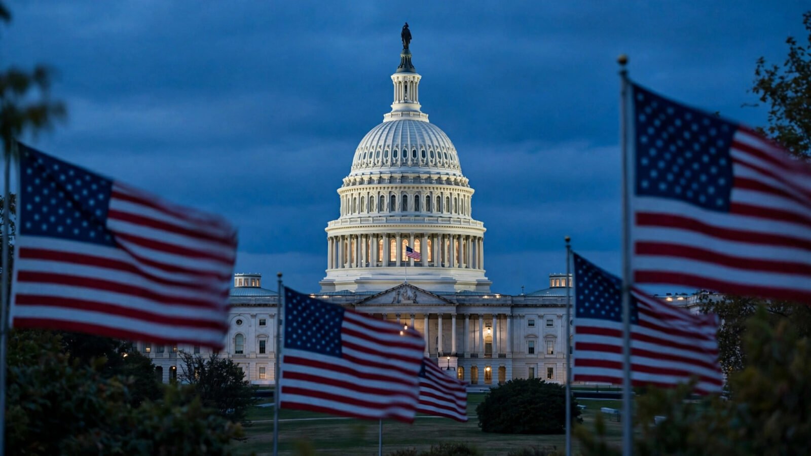 The US Capitol dome lit at dusk, framed by American flags on poles in the foreground