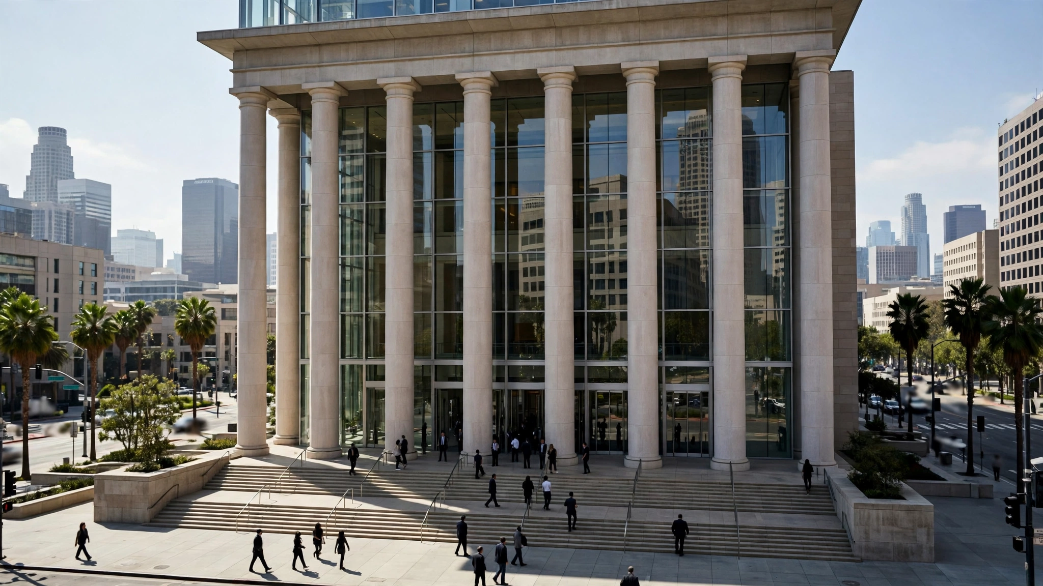 A modern federal courthouse building with columns and a glass facade in downtown Los Angeles