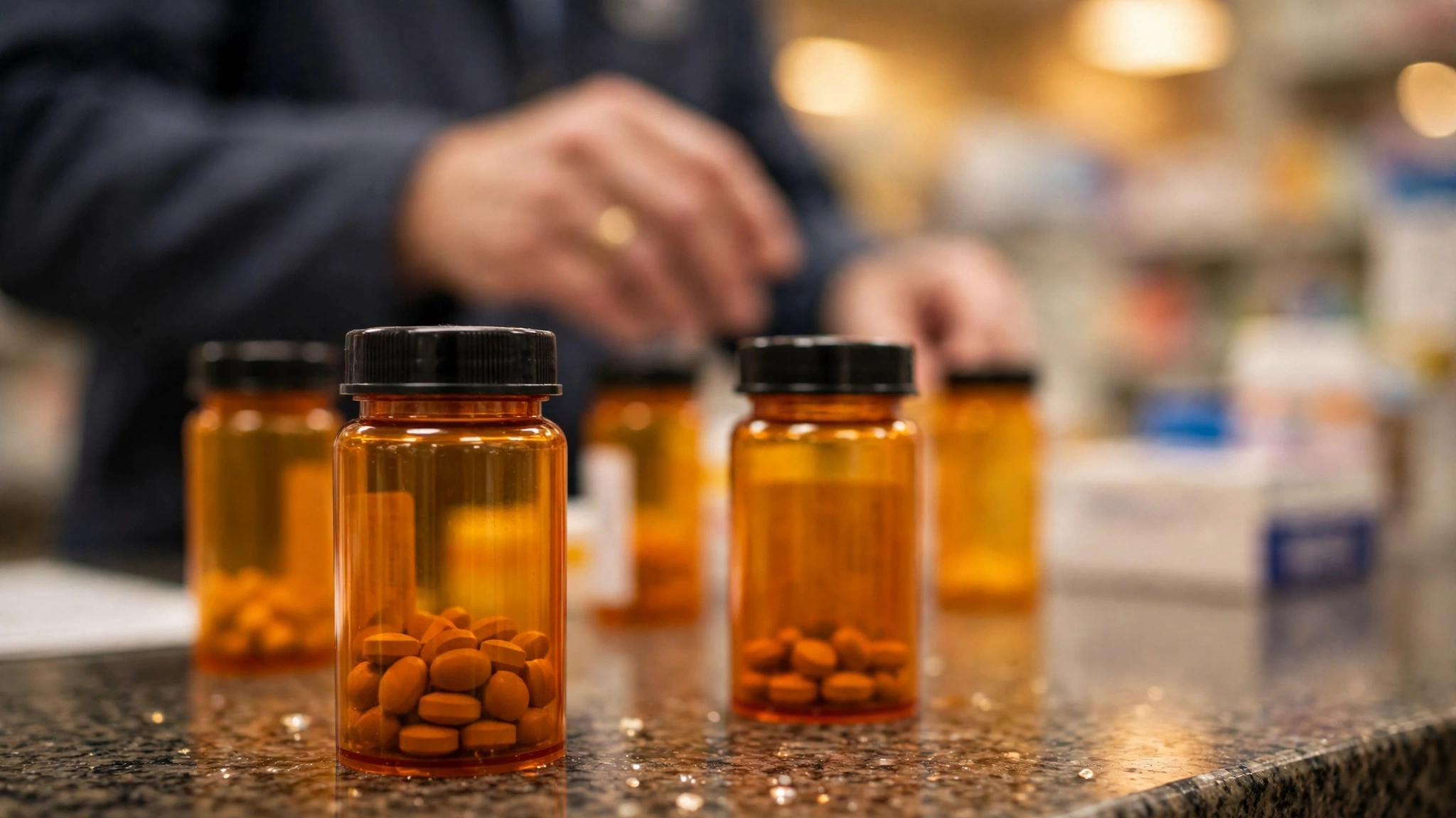 Prescription pill bottles on a pharmacy counter with blurred hands in the background