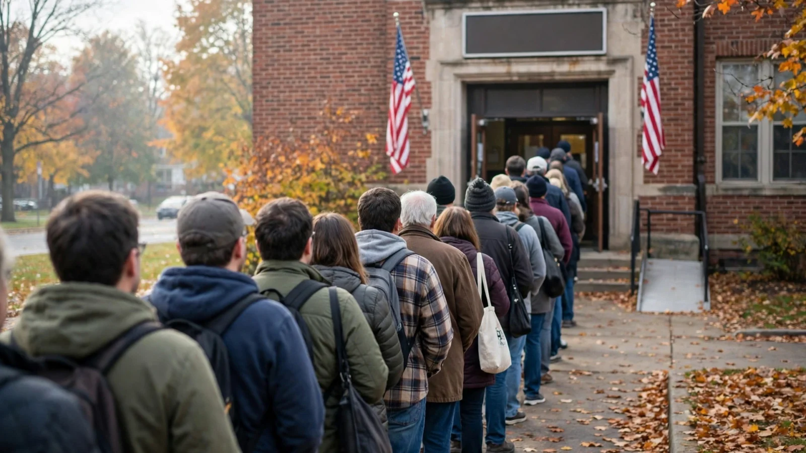 Voters standing in line outside a school building used as an early voting polling place, seen from behind