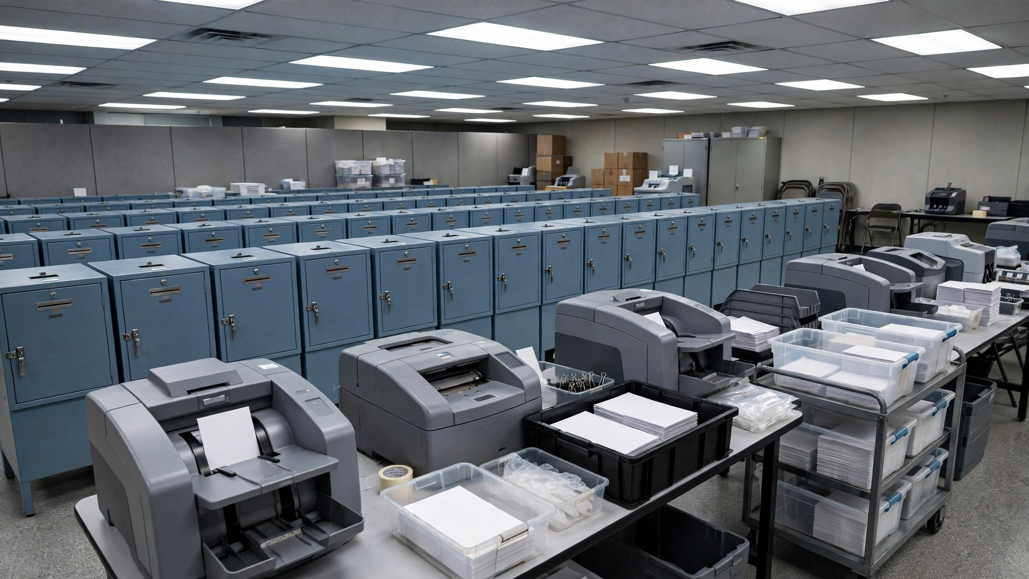 Ballot boxes and scanning machines inside an election office Rows of secure ballot boxes and ballot-scanning machines inside a county election office