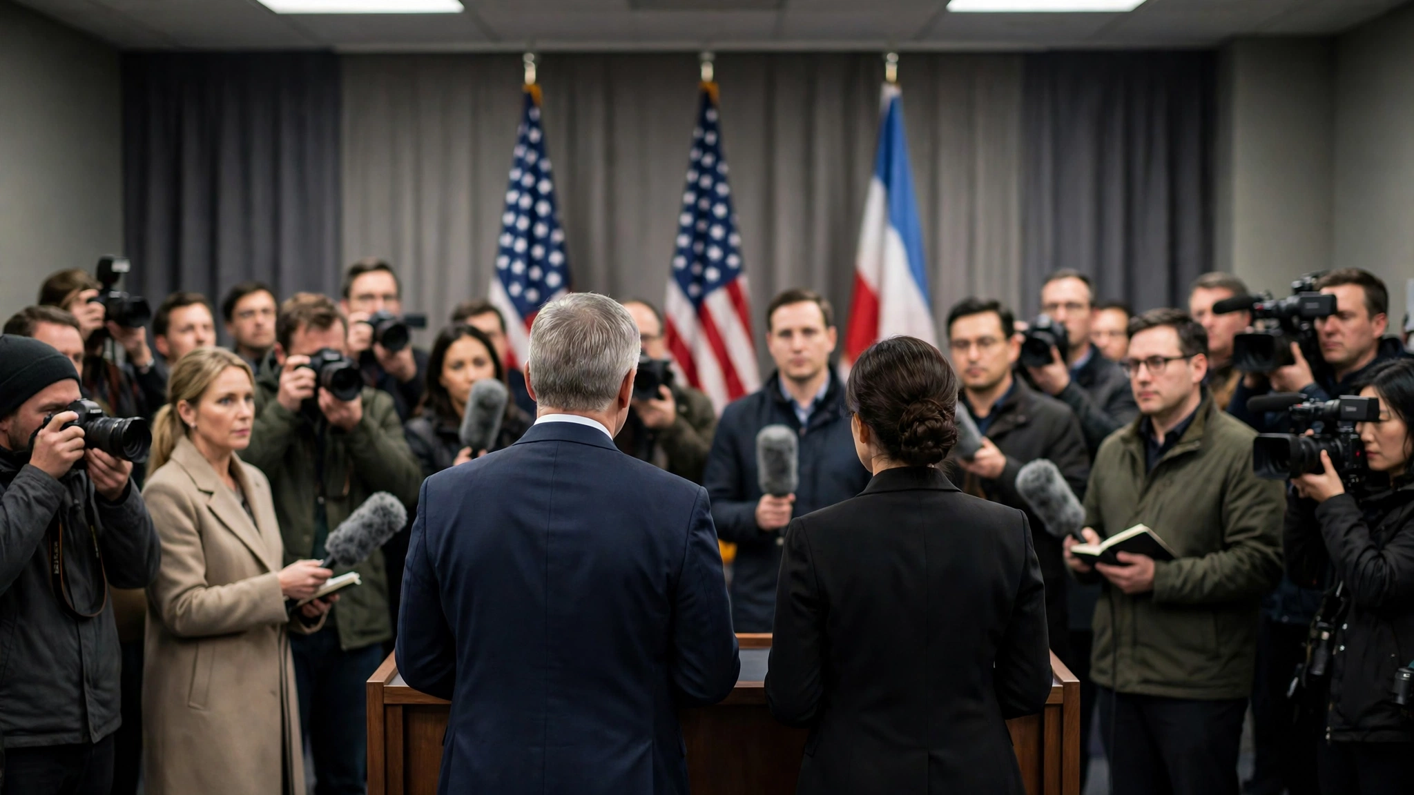 Officials at a government press briefing facing reporters Officials at a government press briefing podium facing reporters with cameras and microphones