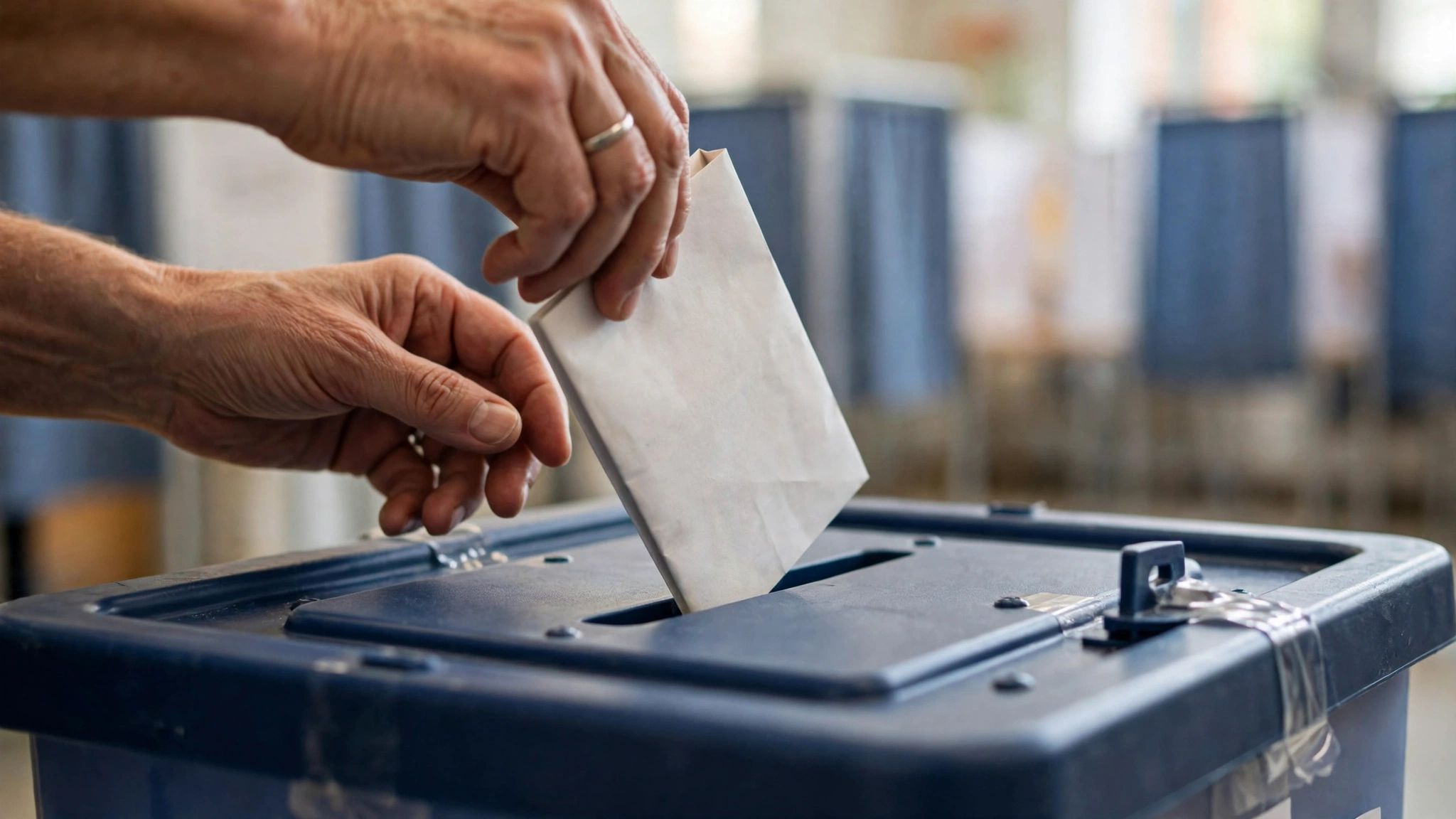 Voter placing a paper ballot into a sealed ballot box Hands placing a paper ballot into a sealed ballot box at a polling place