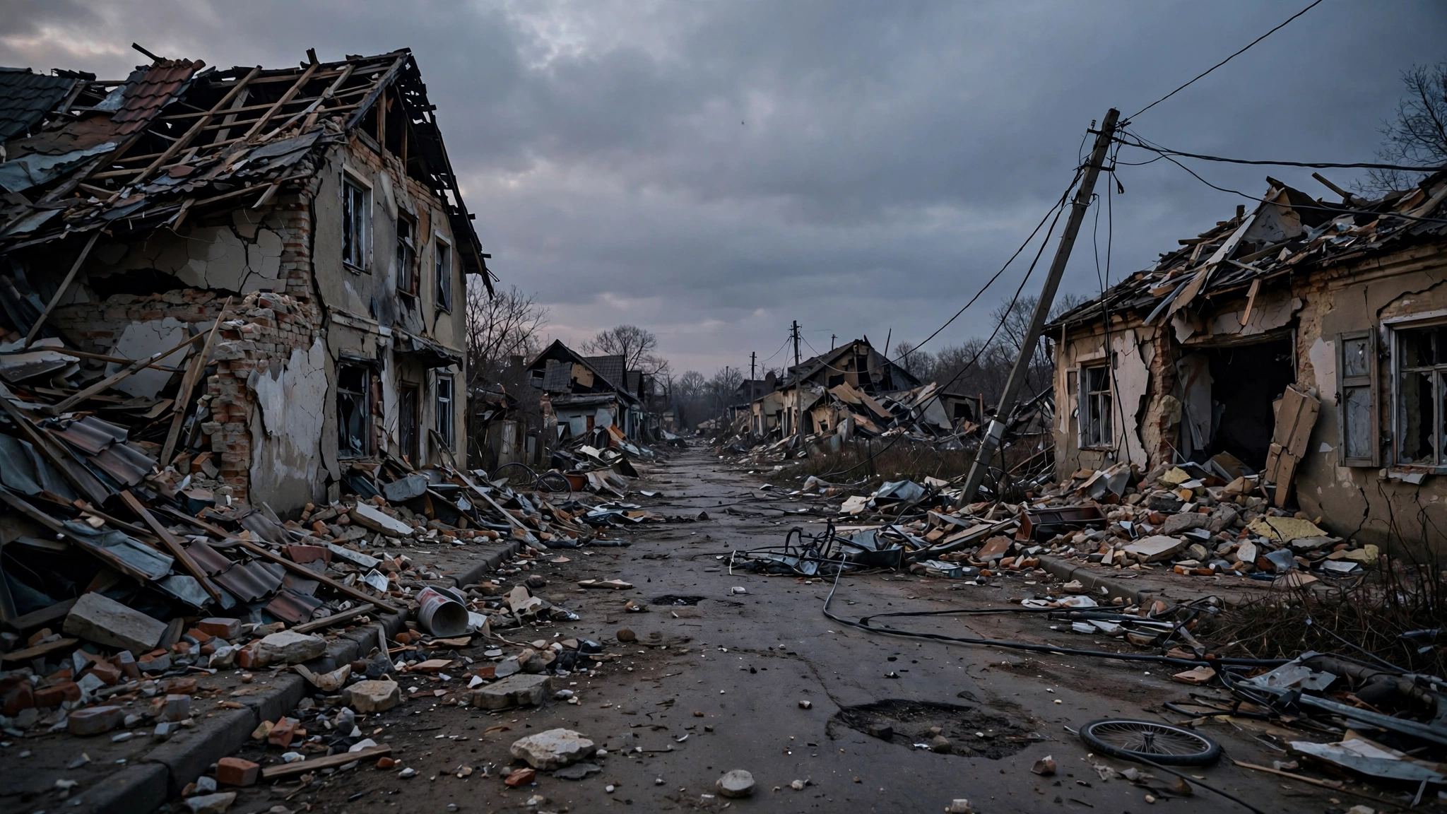 A street in a war-damaged town with collapsed houses, scattered rubble and debris under an overcast sky