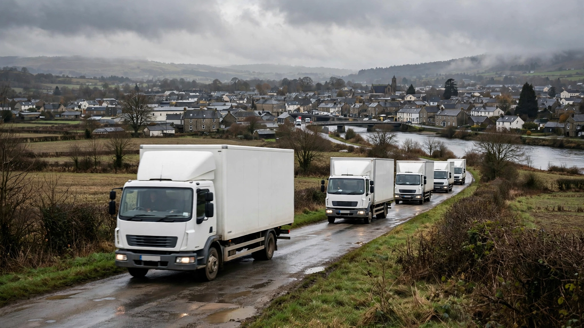 A convoy of white aid trucks driving on a wet rural road toward a river town