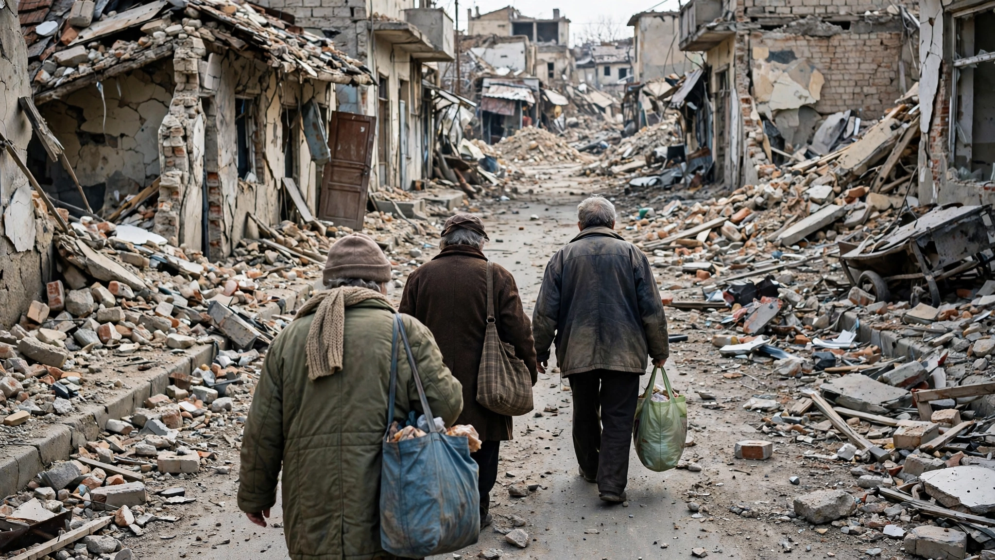 Elderly people seen from behind carrying bags and walking through a street lined with destroyed buildings and rubble