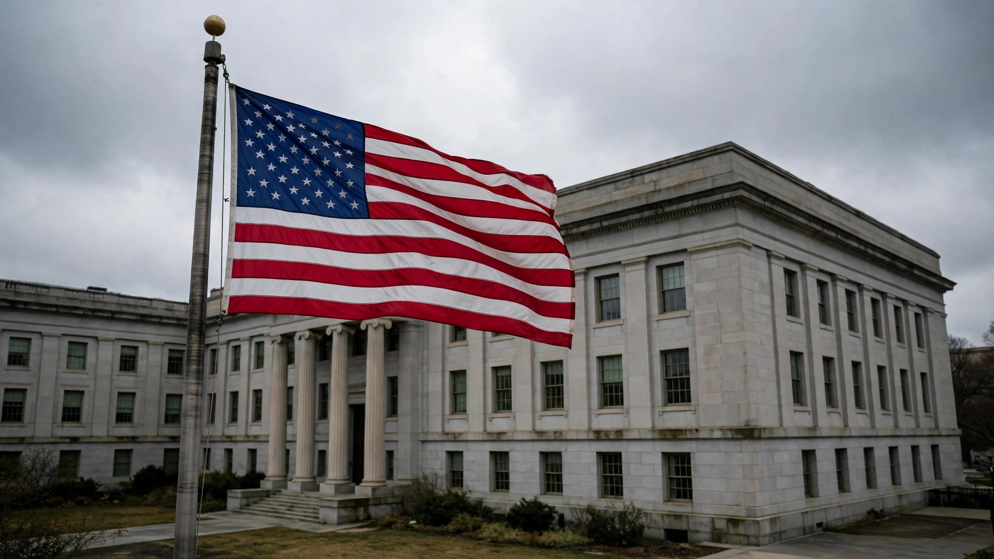An American flag flying on a pole in front of a stone government building