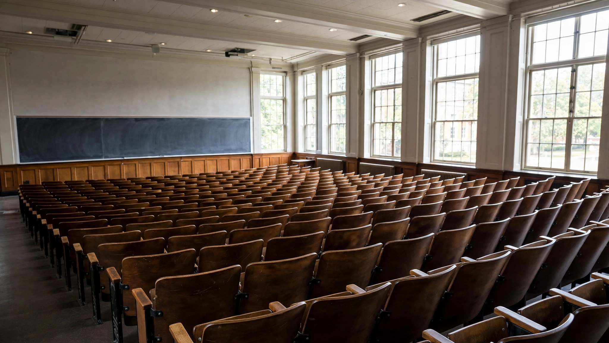 An empty university lecture hall with rows of wooden seats and a chalkboard