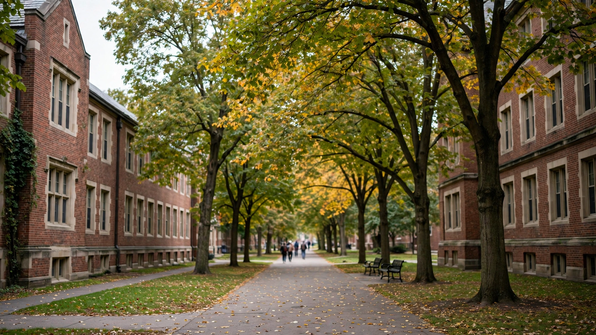 A tree-lined walkway between brick university buildings with people in the distance