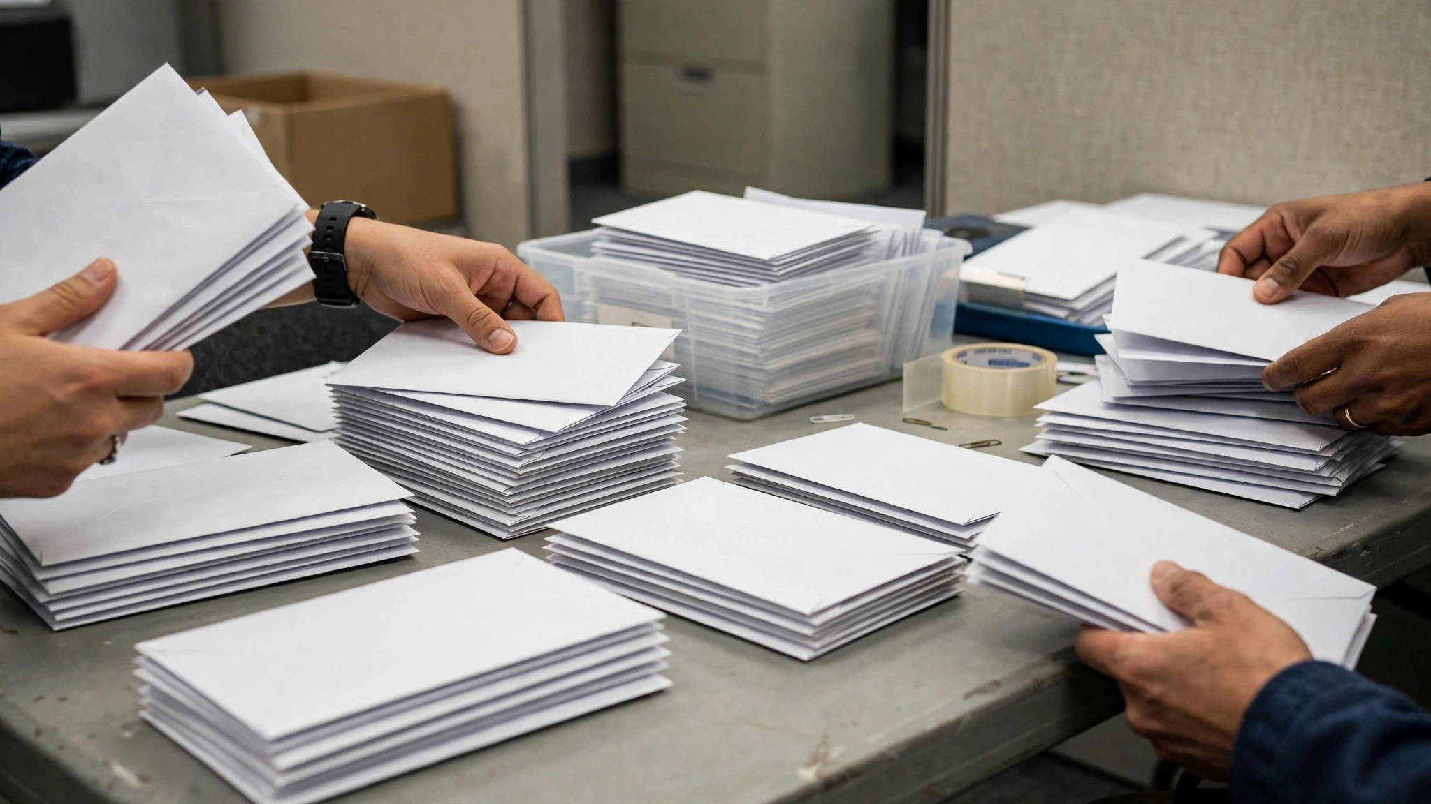 Hands sorting stacks of blank white mail envelopes on a table in an office
