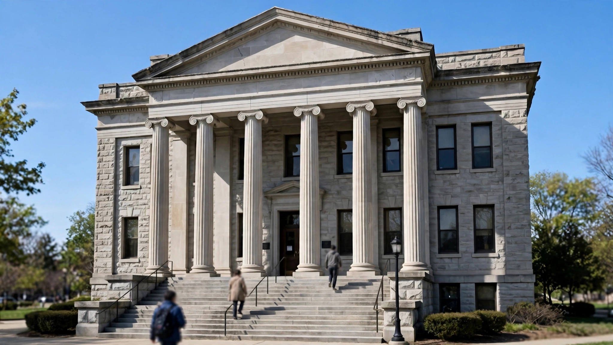 A stone courthouse with tall columns and wide steps under a clear sky, with people walking on the steps