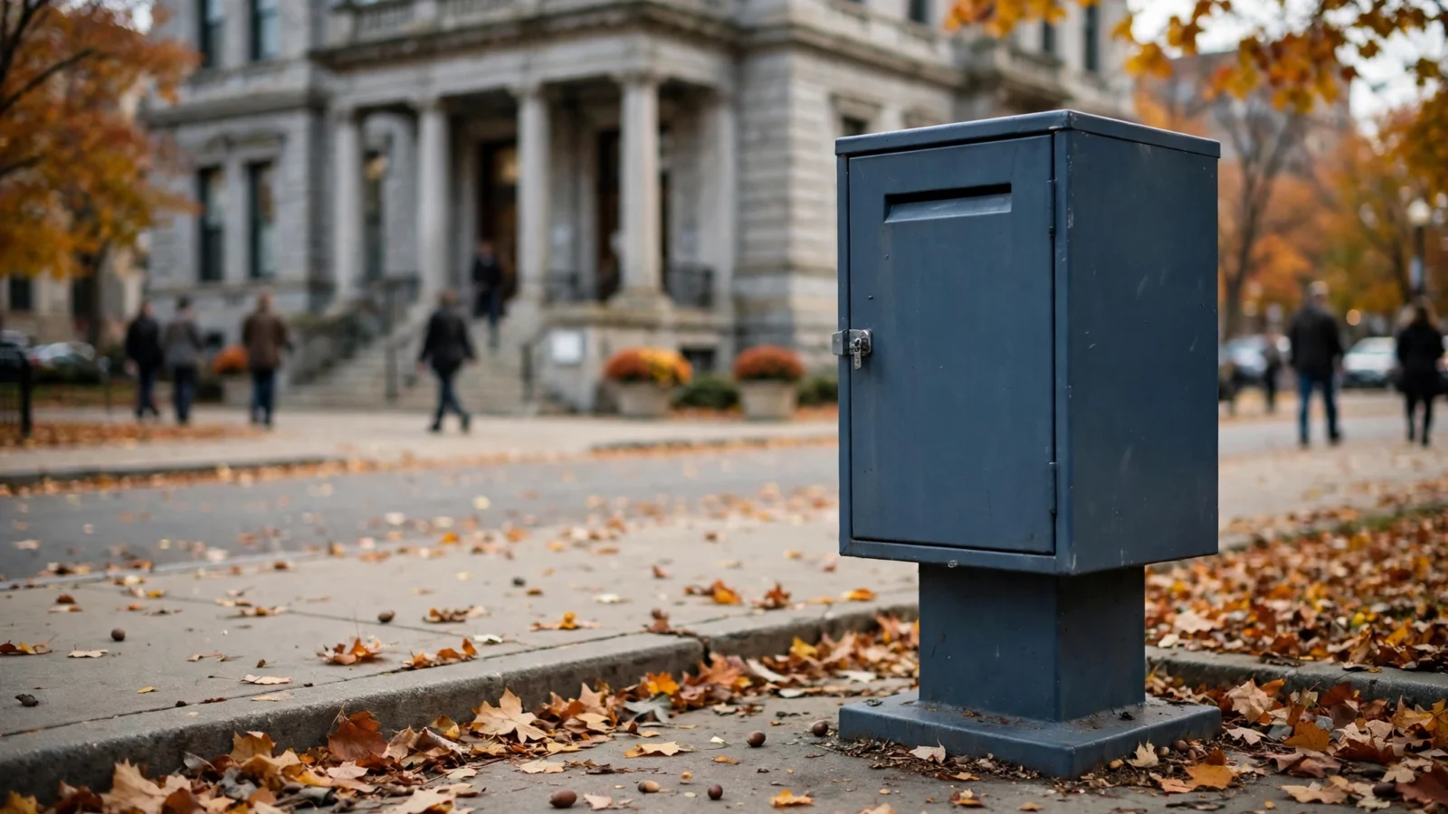 A dark blue ballot drop box on a sidewalk covered in autumn leaves, with a stone government building behind it