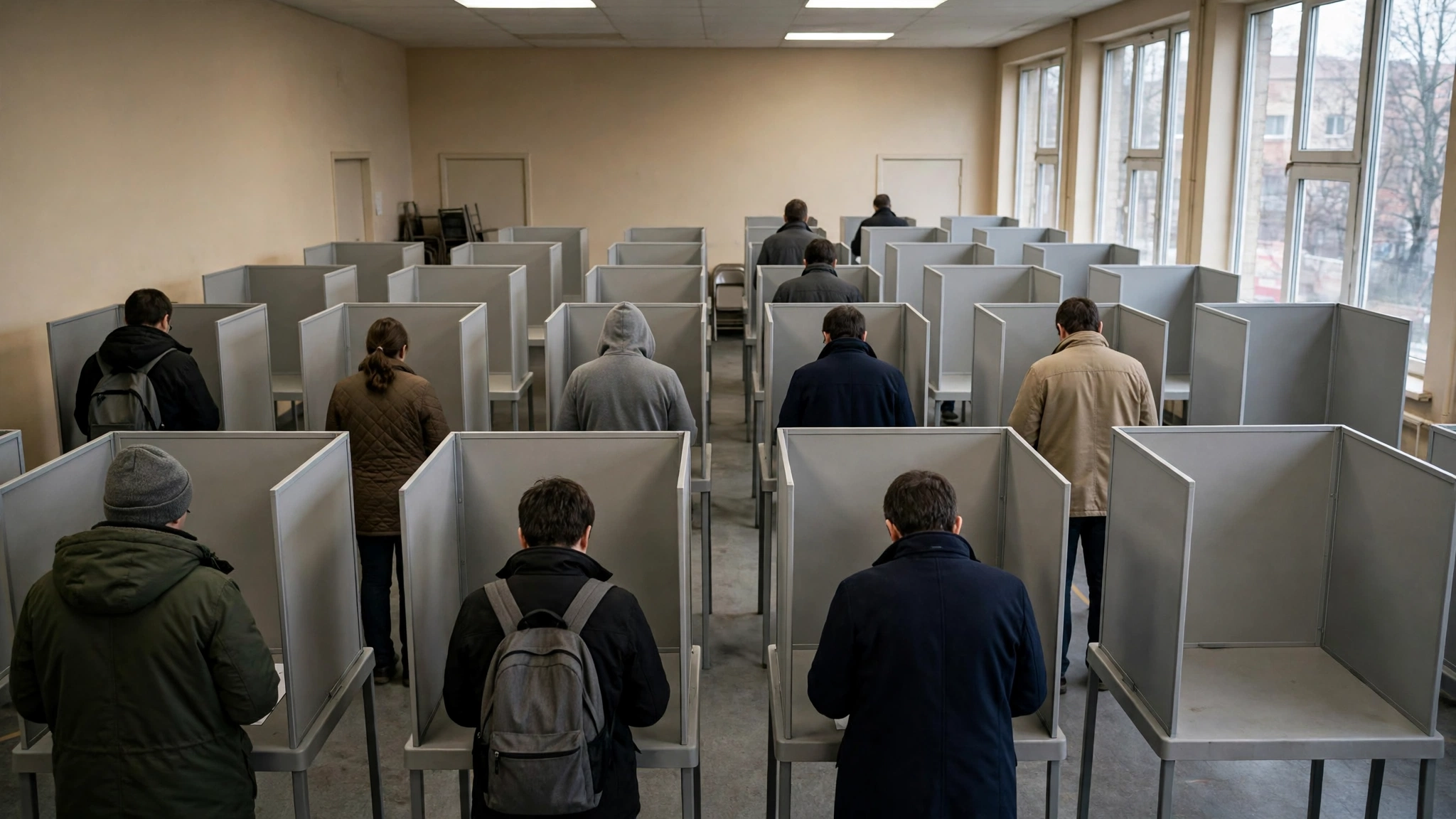 Voters standing at rows of gray polling booths inside a bright room, seen from behind