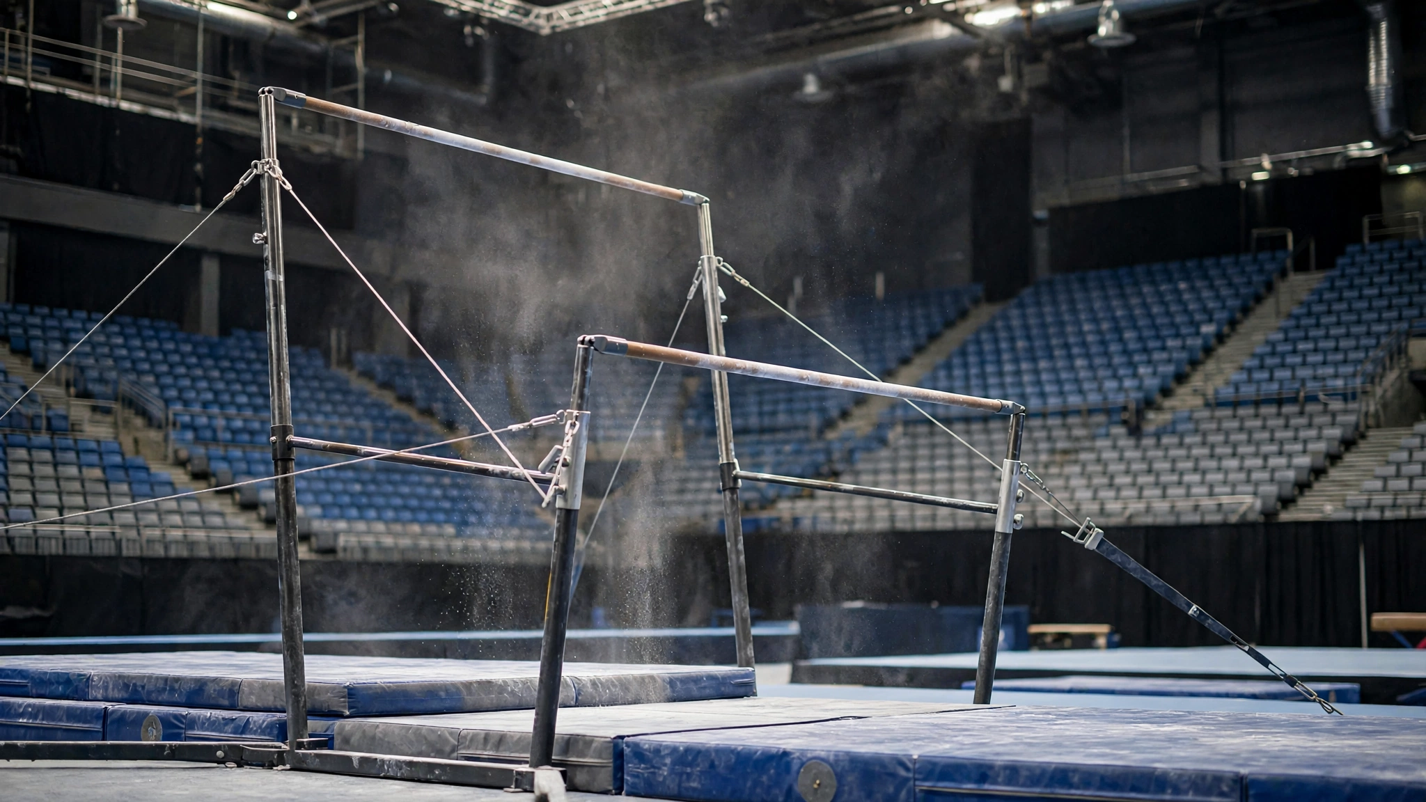 Uneven bars over mats in a gymnastics arena with empty stands behind them