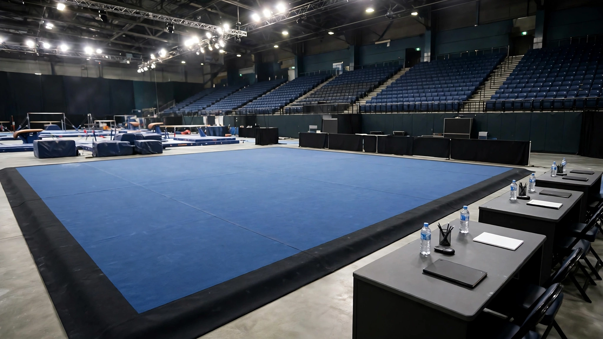 An empty blue gymnastics floor exercise mat beside judges tables in an arena