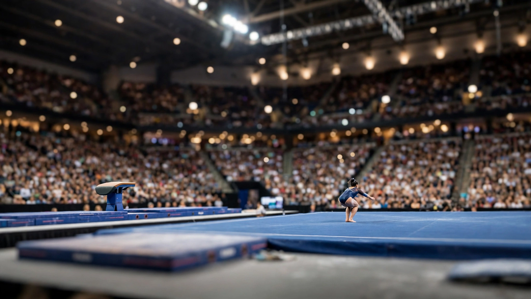 A gymnast seen from behind landing on a blue mat in a crowded arena