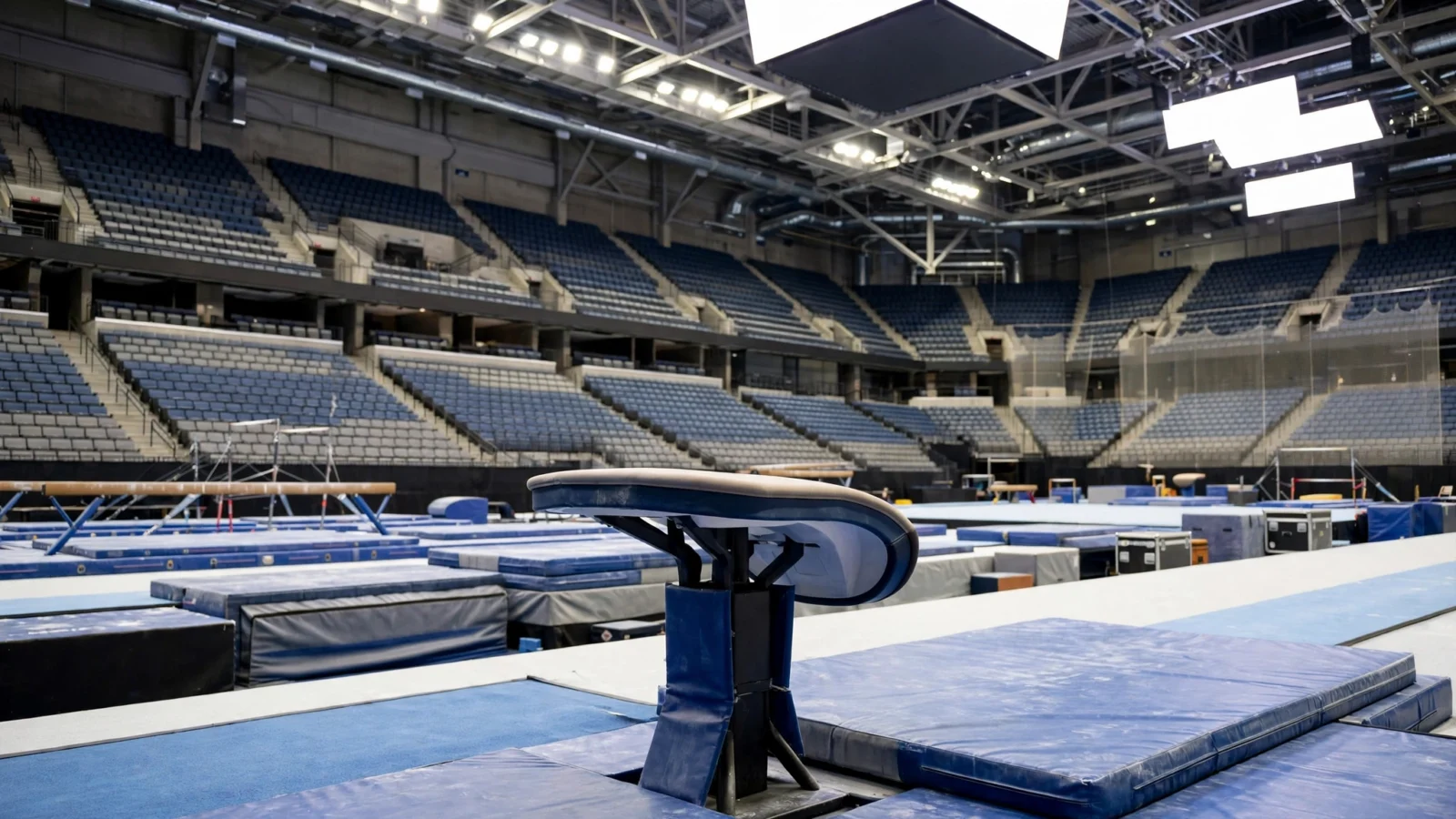 A vaulting table and mats in a large indoor gymnastics arena with empty stands