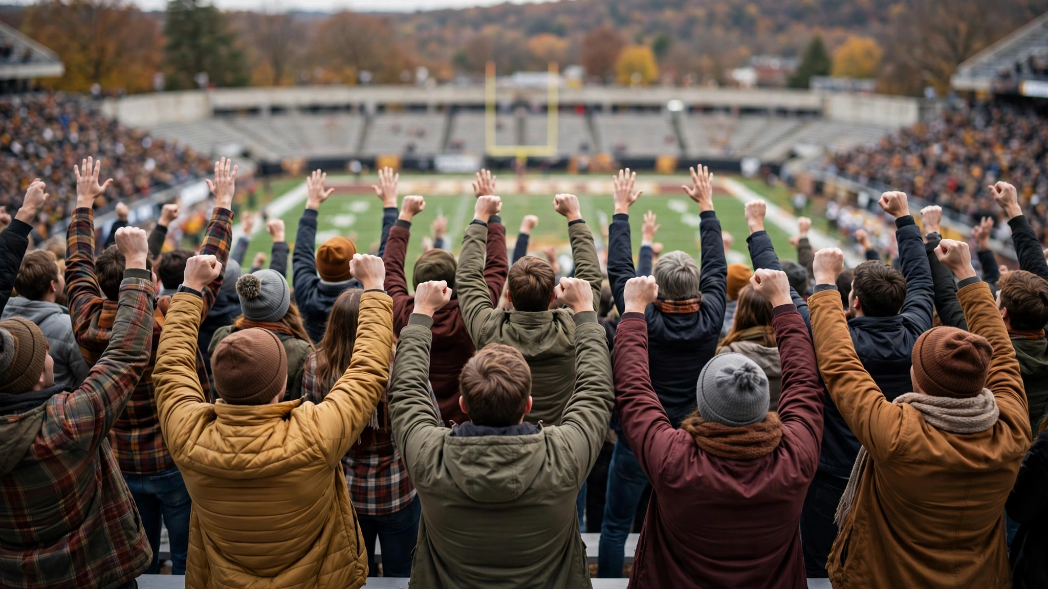 Football fans in autumn clothing cheering with arms raised in stadium stands, seen from behind