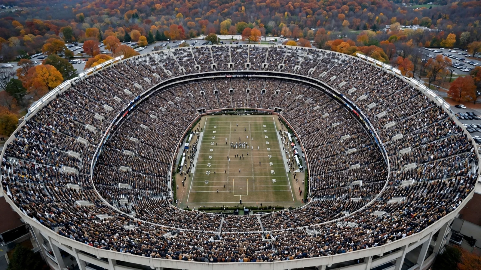 An aerial view of a large college football stadium filled with spectators, surrounded by autumn trees