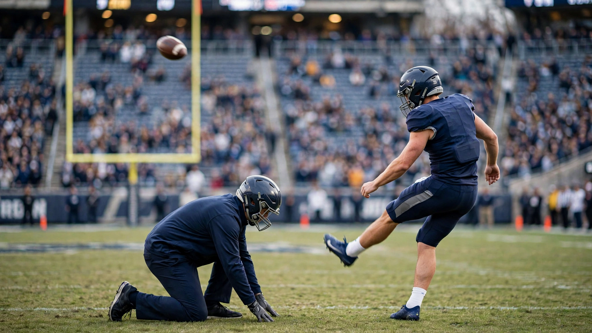 A football player in a dark uniform kicking the ball toward the goalposts while a holder kneels on the field