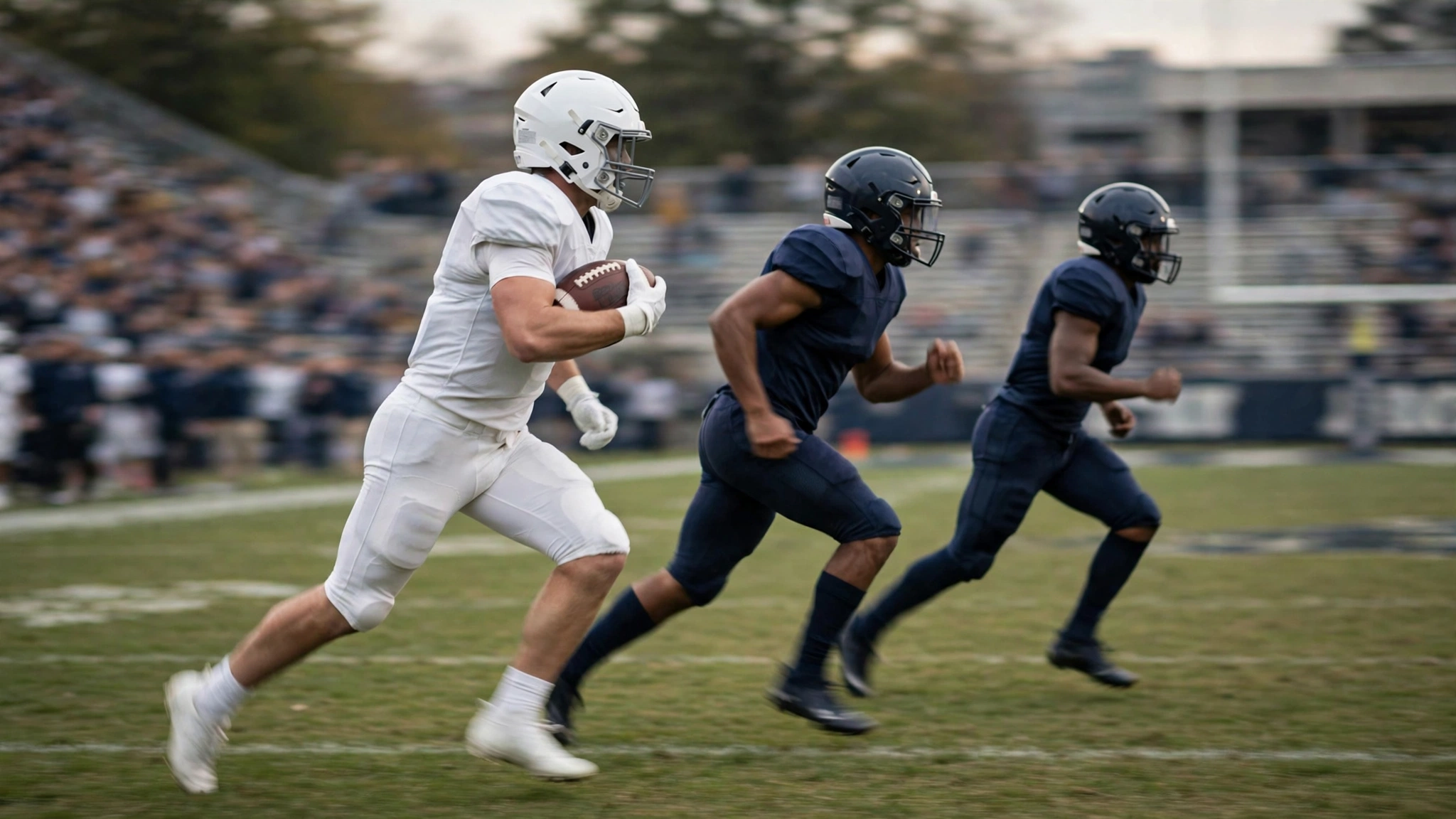 A football player in a white uniform running with the ball while two players in dark uniforms pursue