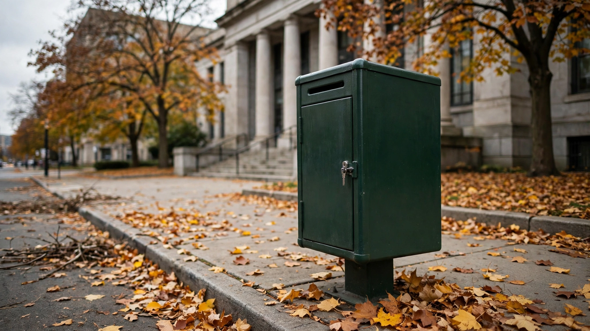 A dark green metal ballot drop box on a sidewalk covered with autumn leaves outside a civic building