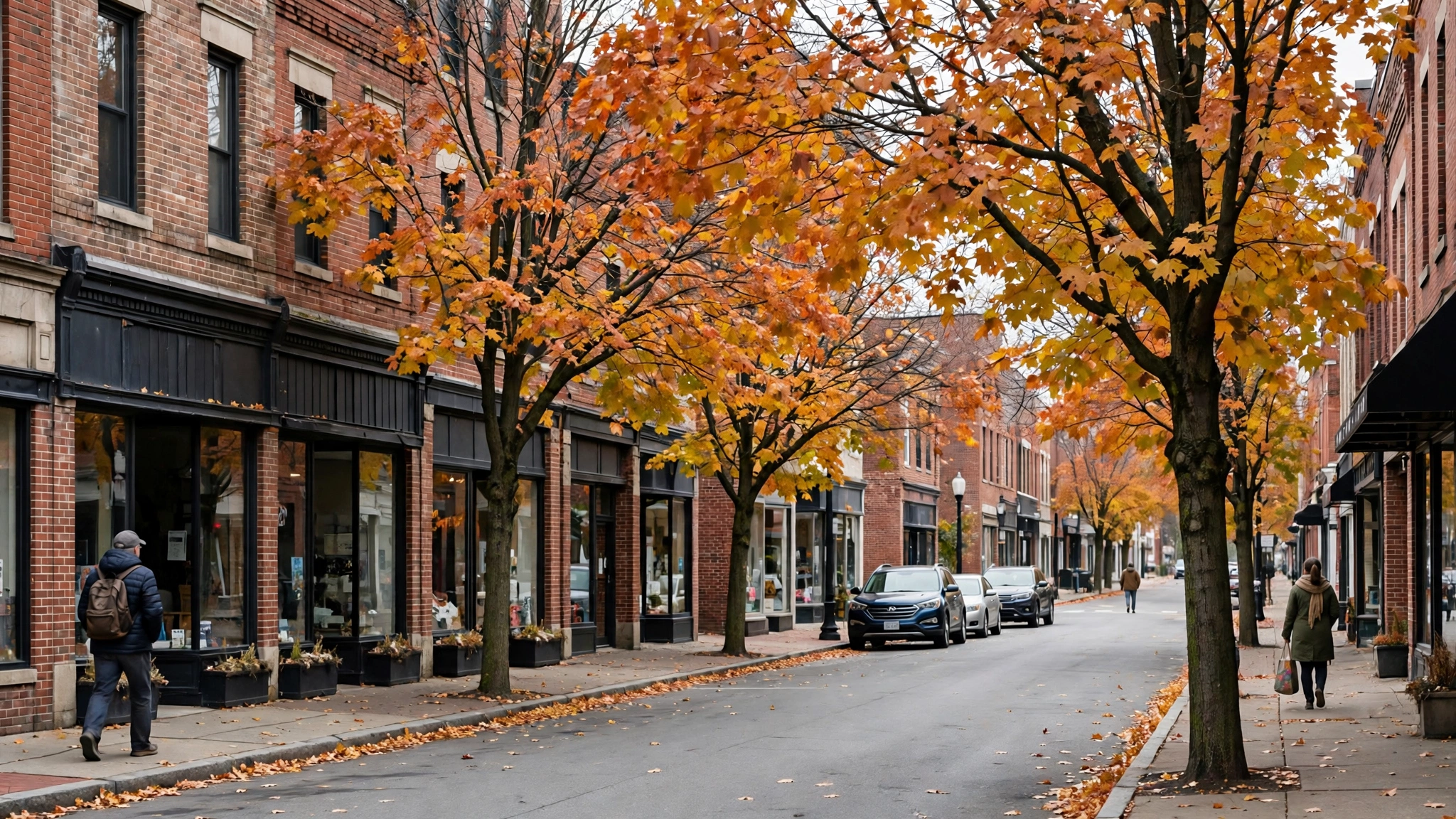 A quiet small-town main street with brick storefronts and trees with orange autumn leaves