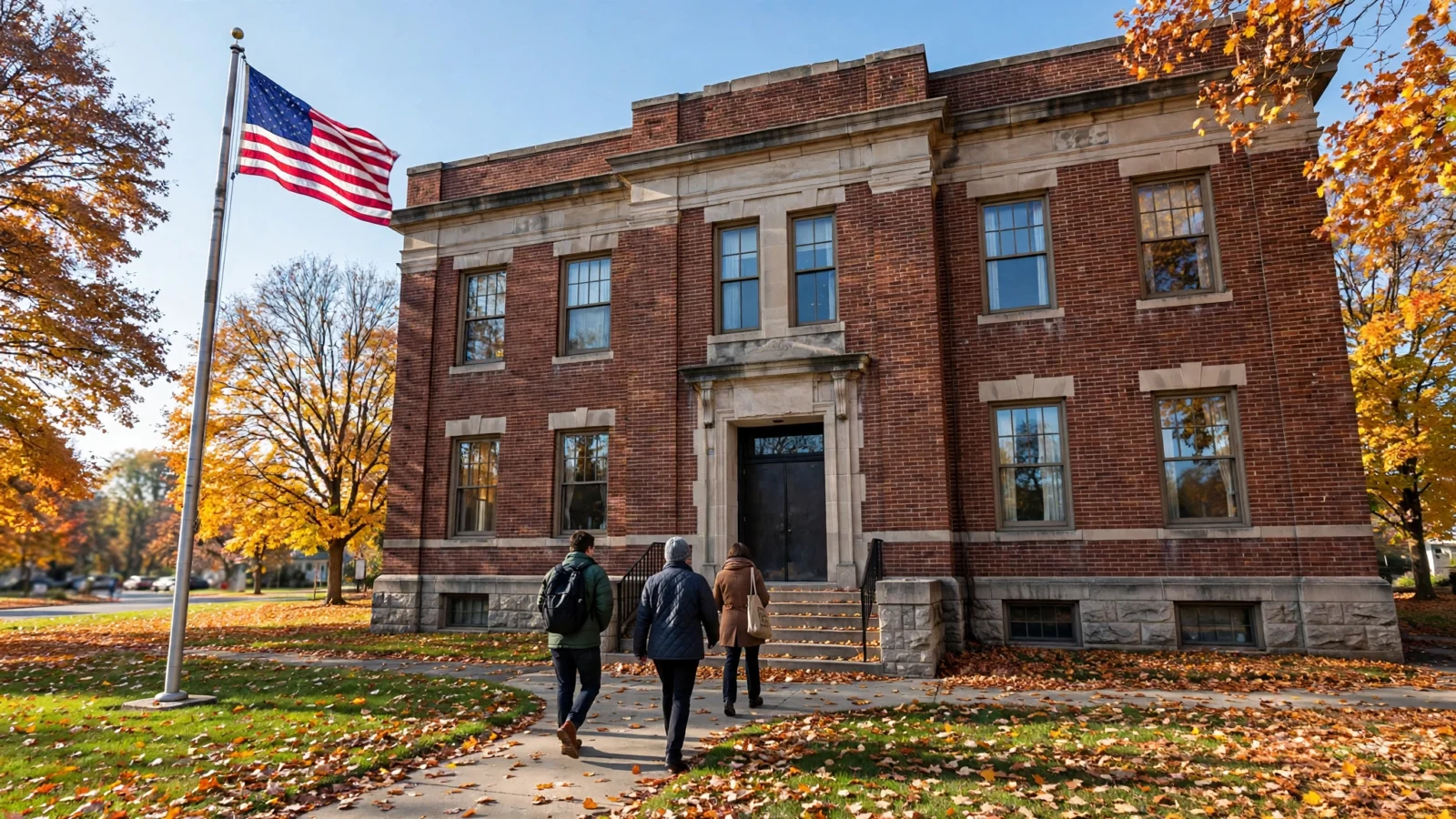 People walk toward the entrance of a brick municipal building with an American flag in front on an autumn morning