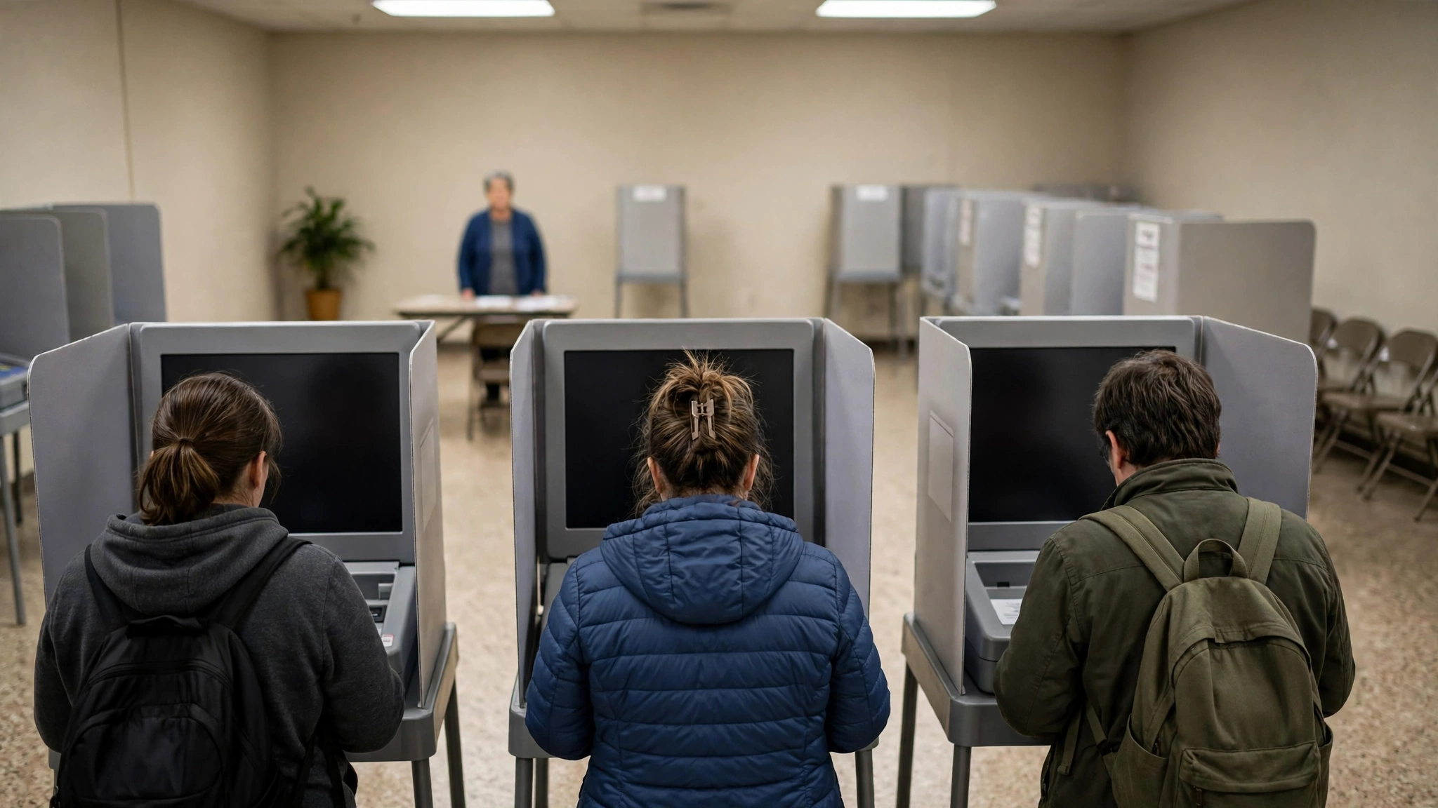 Voters seen from behind standing at voting machines with blank screens inside a polling place