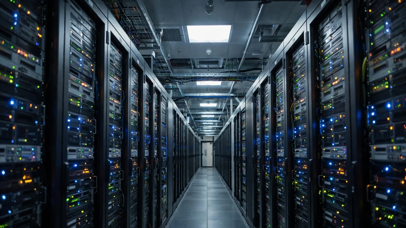 A corridor between two long rows of server racks with blinking lights in a data center