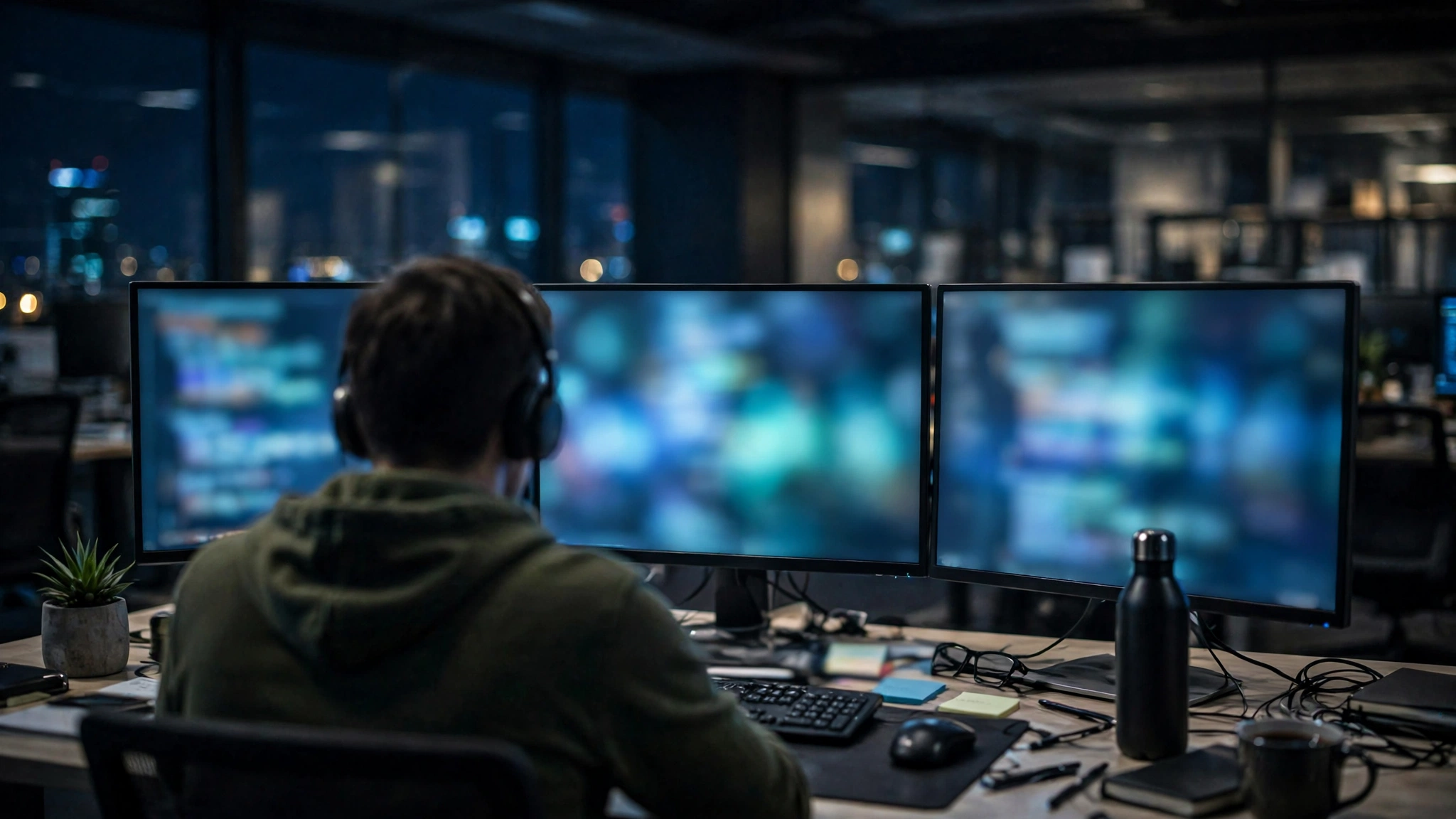 A person seen from behind working at a desk with three computer monitors in a dark office at night