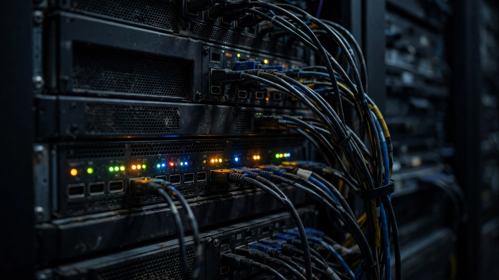 Close view of network cables plugged into server hardware with small indicator lights