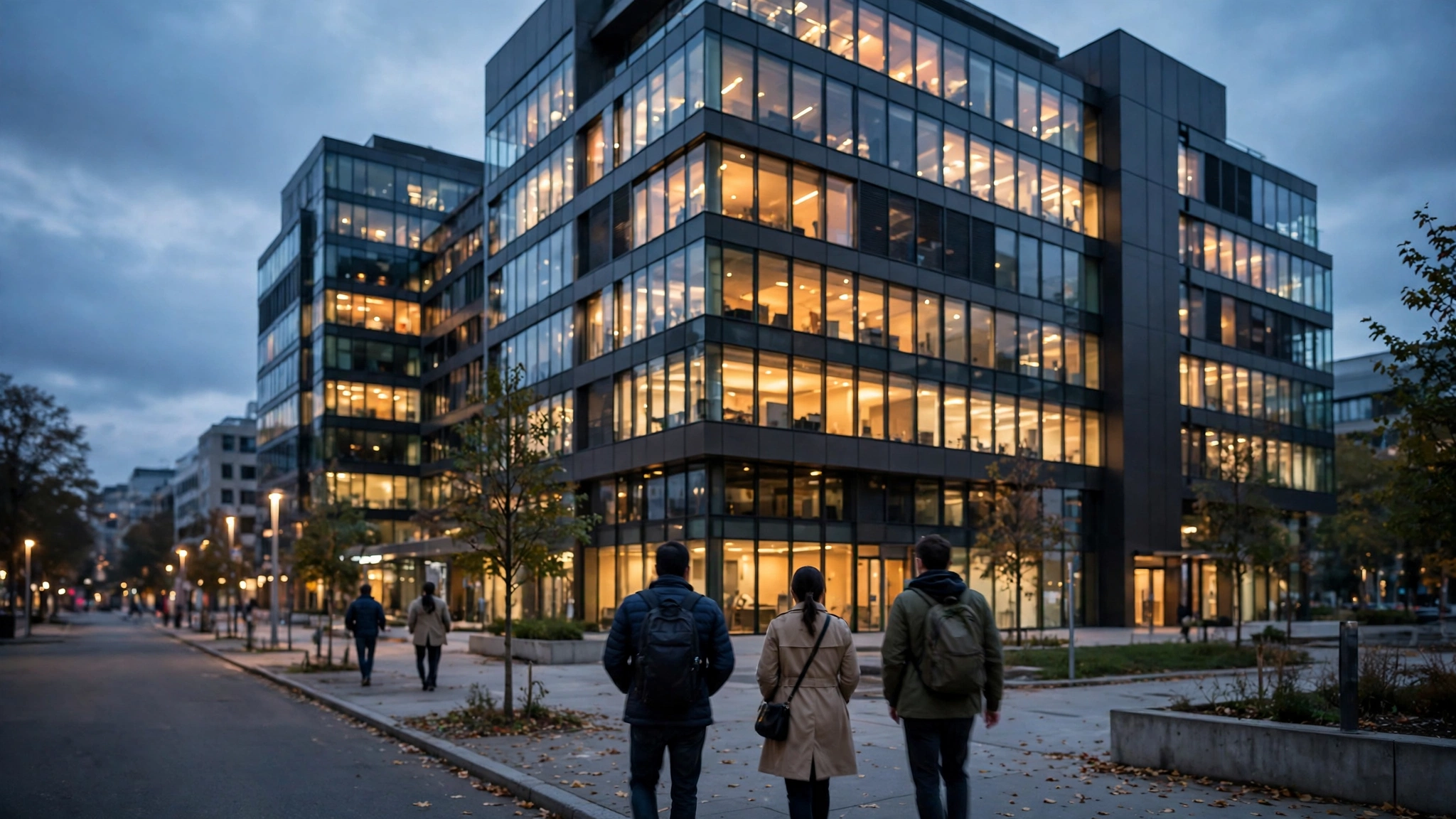 A modern glass office building with lit windows at dusk and people walking on the sidewalk