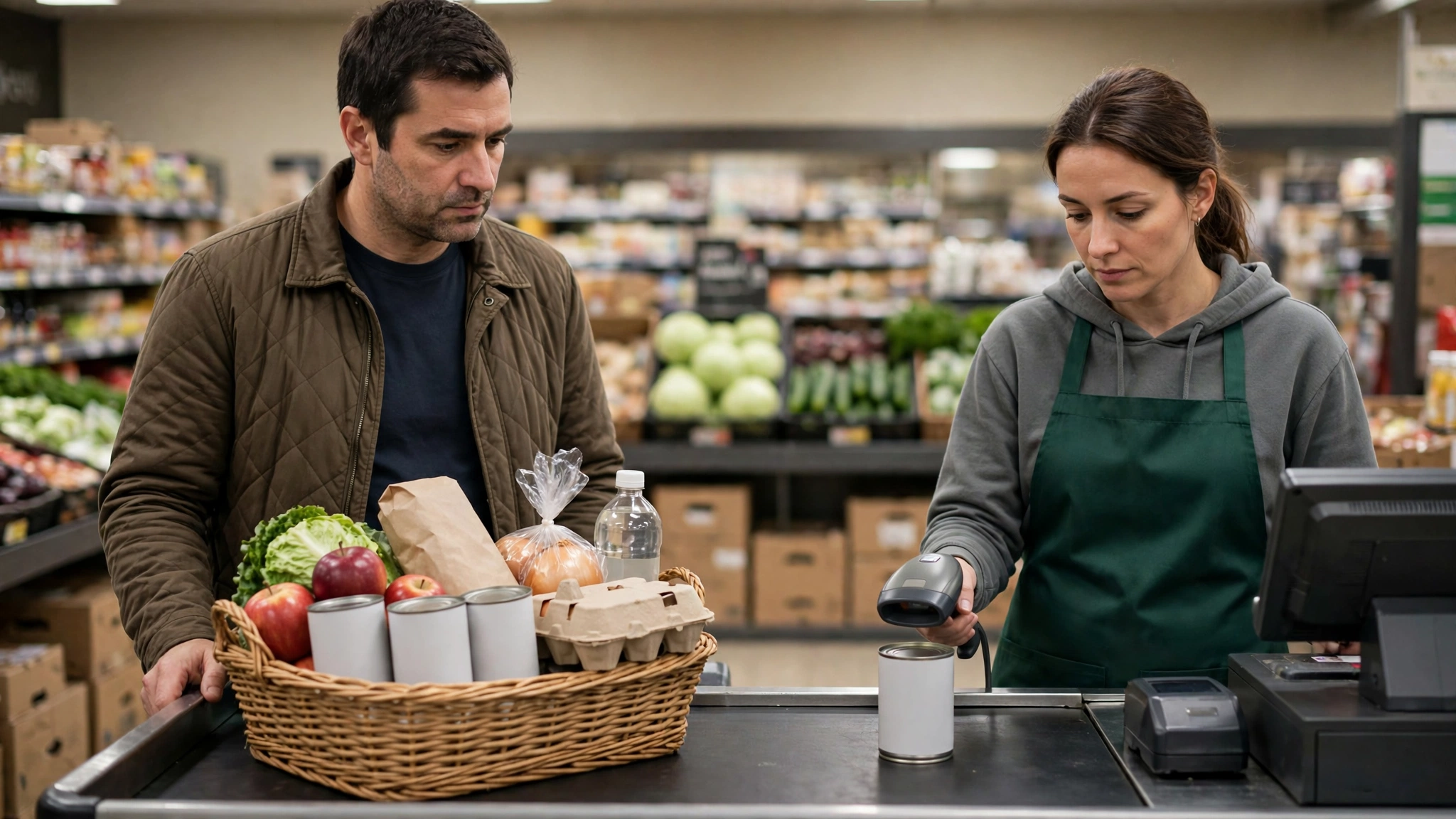 A cashier scans groceries while a shopper waits with a basket of food at a checkout counter