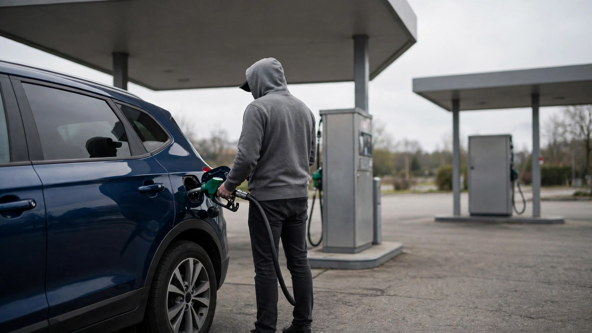 A driver fills a blue car with fuel at a gas station pump