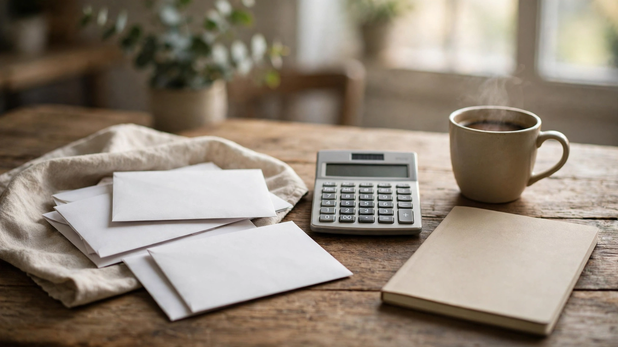 Blank envelopes, a calculator, a notebook and a cup of coffee on a wooden kitchen table
