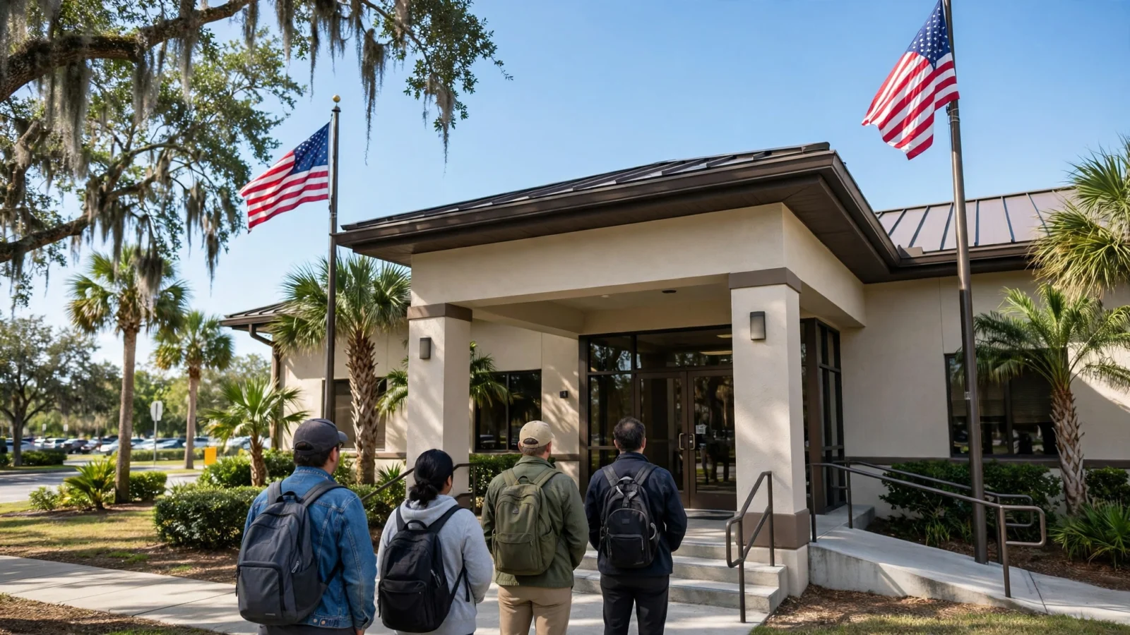 Voters walking toward the entrance of a county elections office with American flags outside