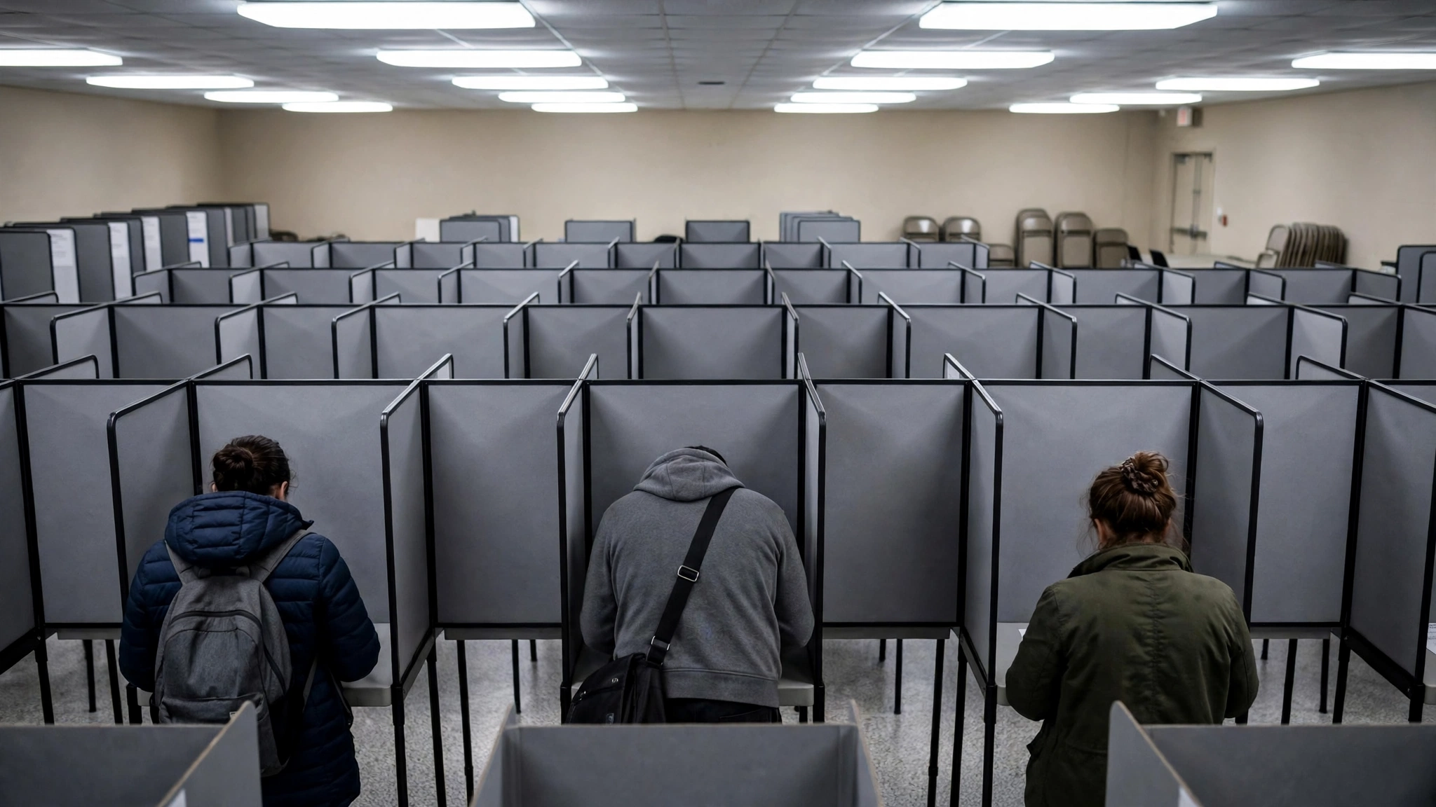 Voters standing at rows of gray voting booths inside an early voting site