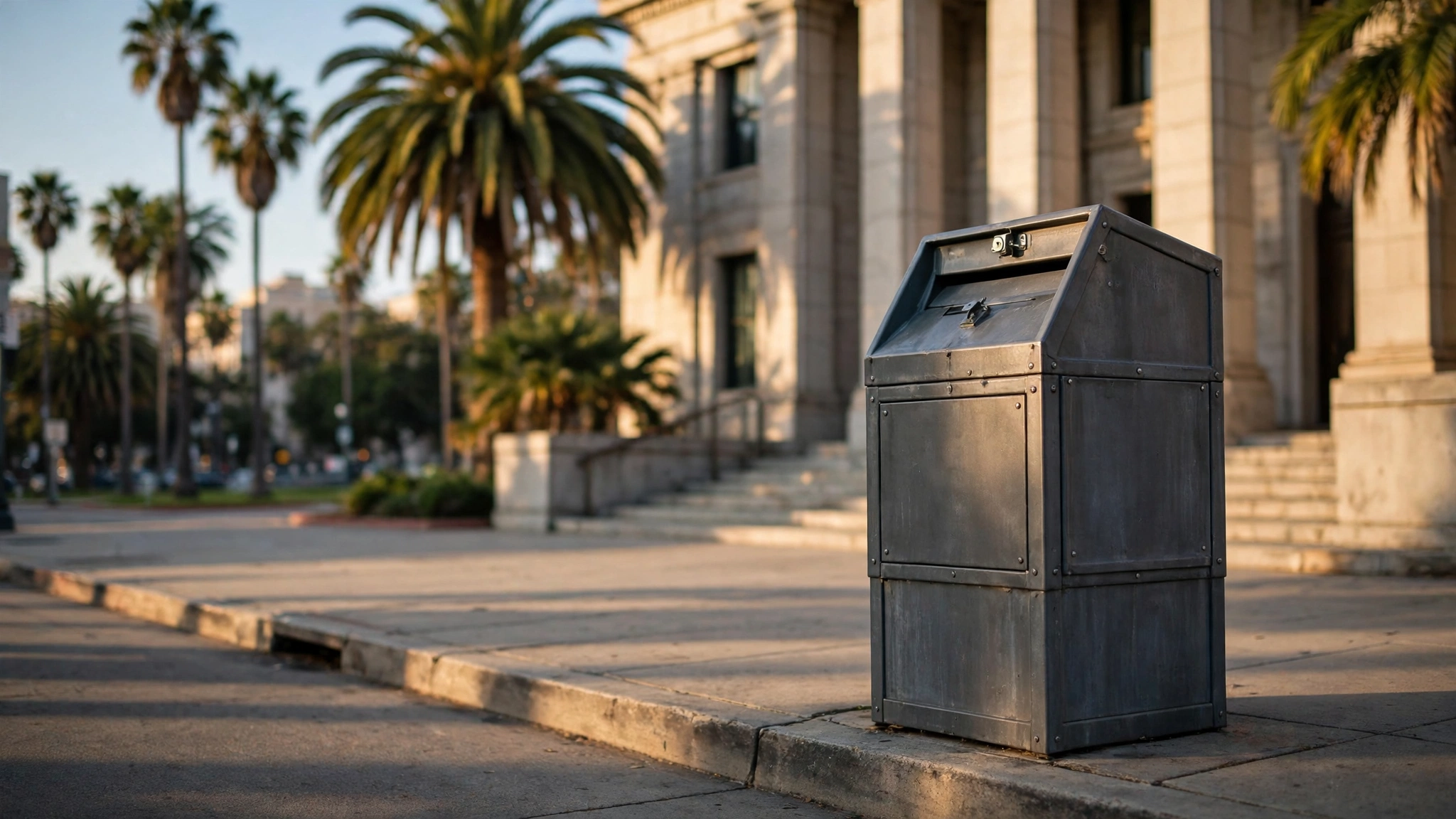 A metal ballot drop box on a sidewalk outside a government building with palm trees nearby