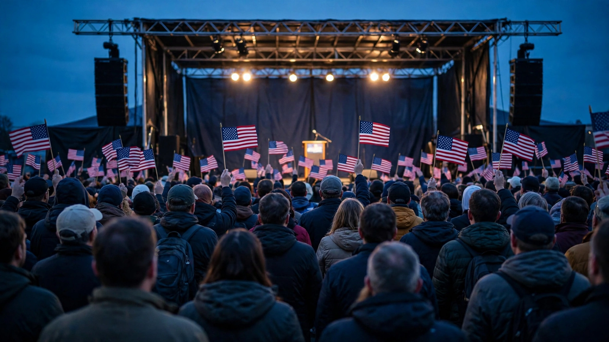 A crowd holding small American flags in front of an outdoor rally stage at dusk