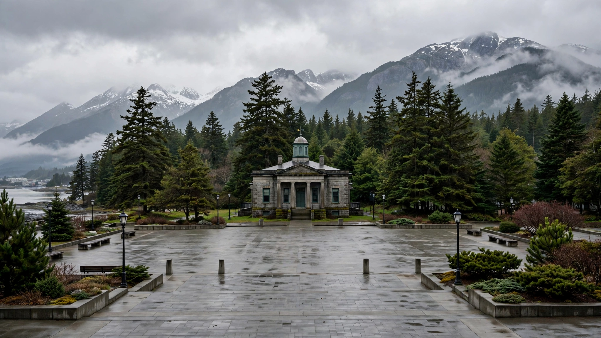A small stone government building with a cupola in a northern coastal city, evergreen trees and snow-covered mountains behind it