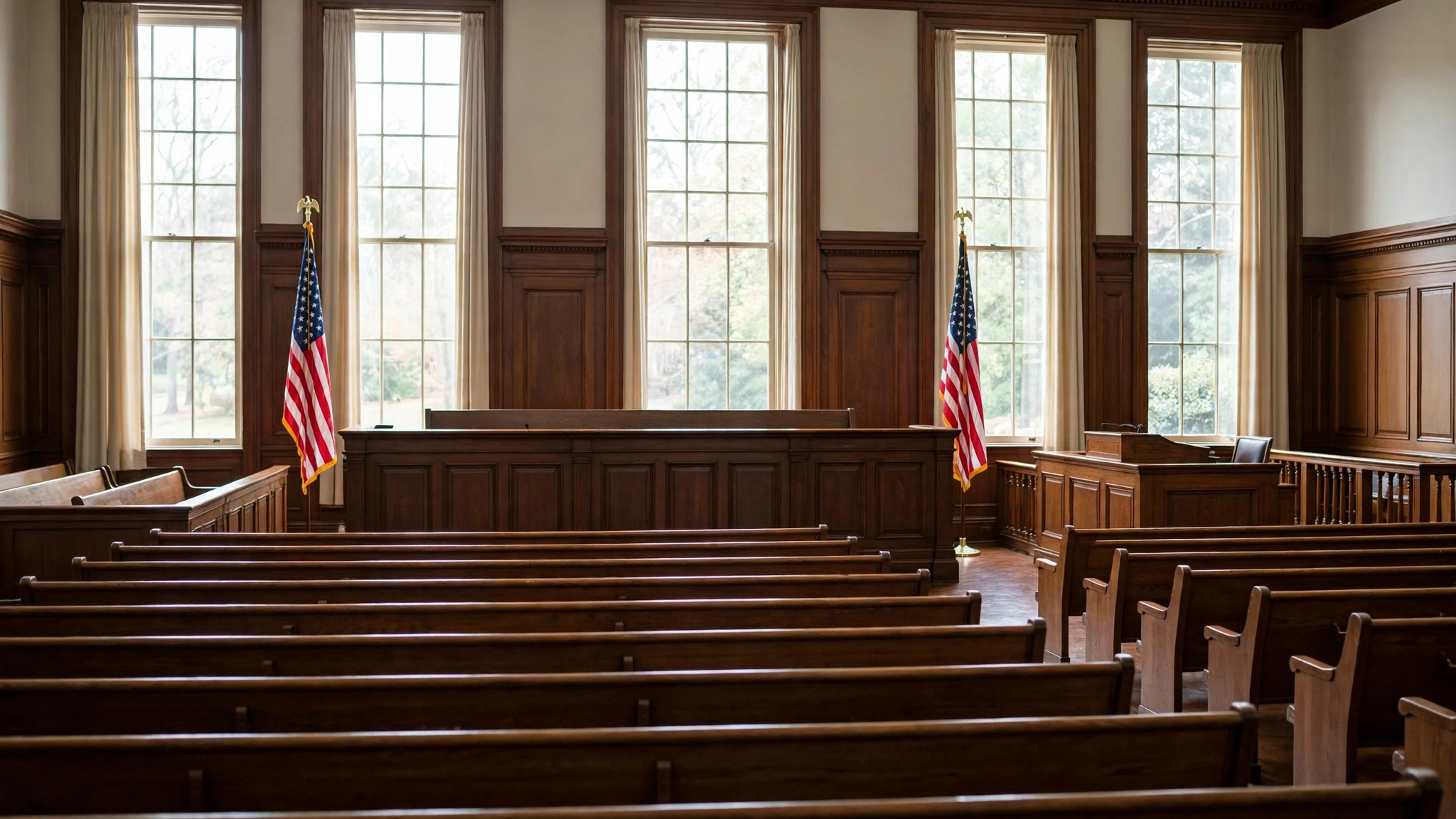 An empty courtroom with wooden benches, a judge bench and two American flags beside tall windows