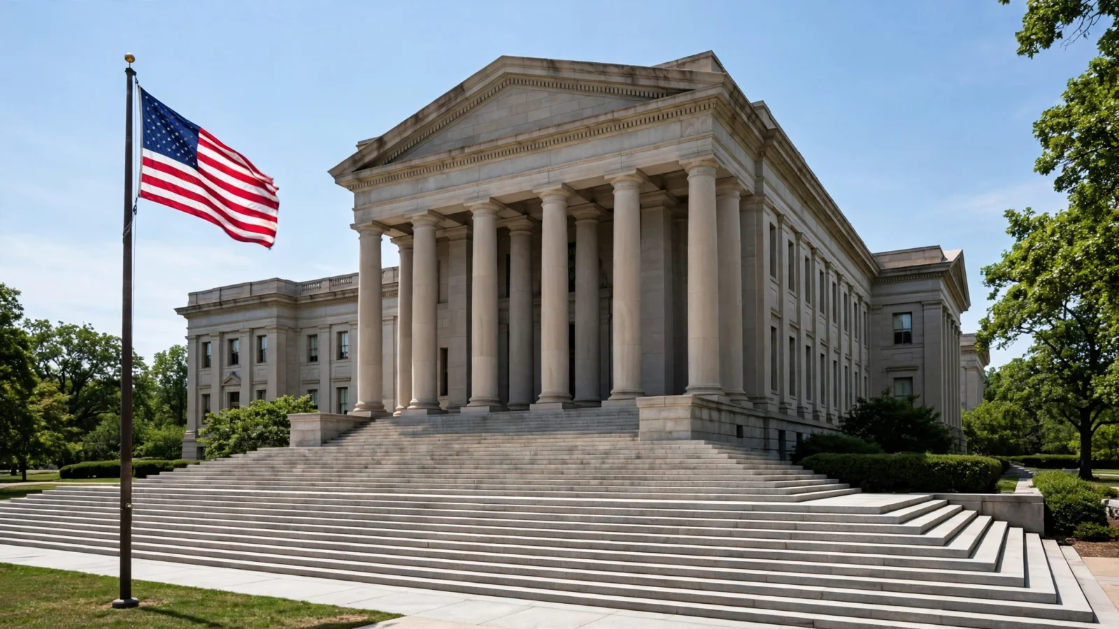 A neoclassical federal courthouse building with tall stone columns and wide steps, with an American flag flying on a pole in front