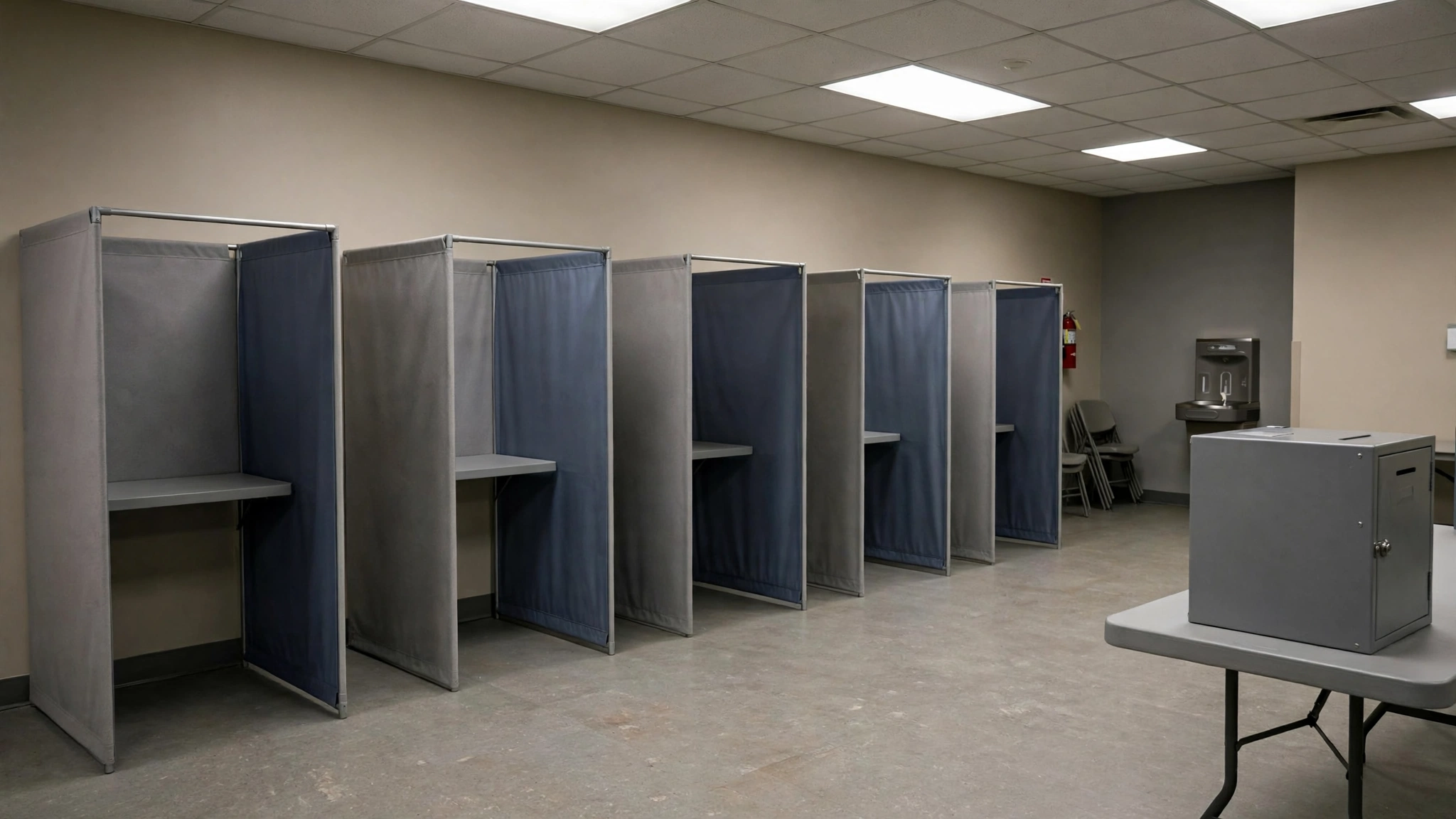 A row of empty voting booths with privacy screens and a ballot box on a table in a polling place