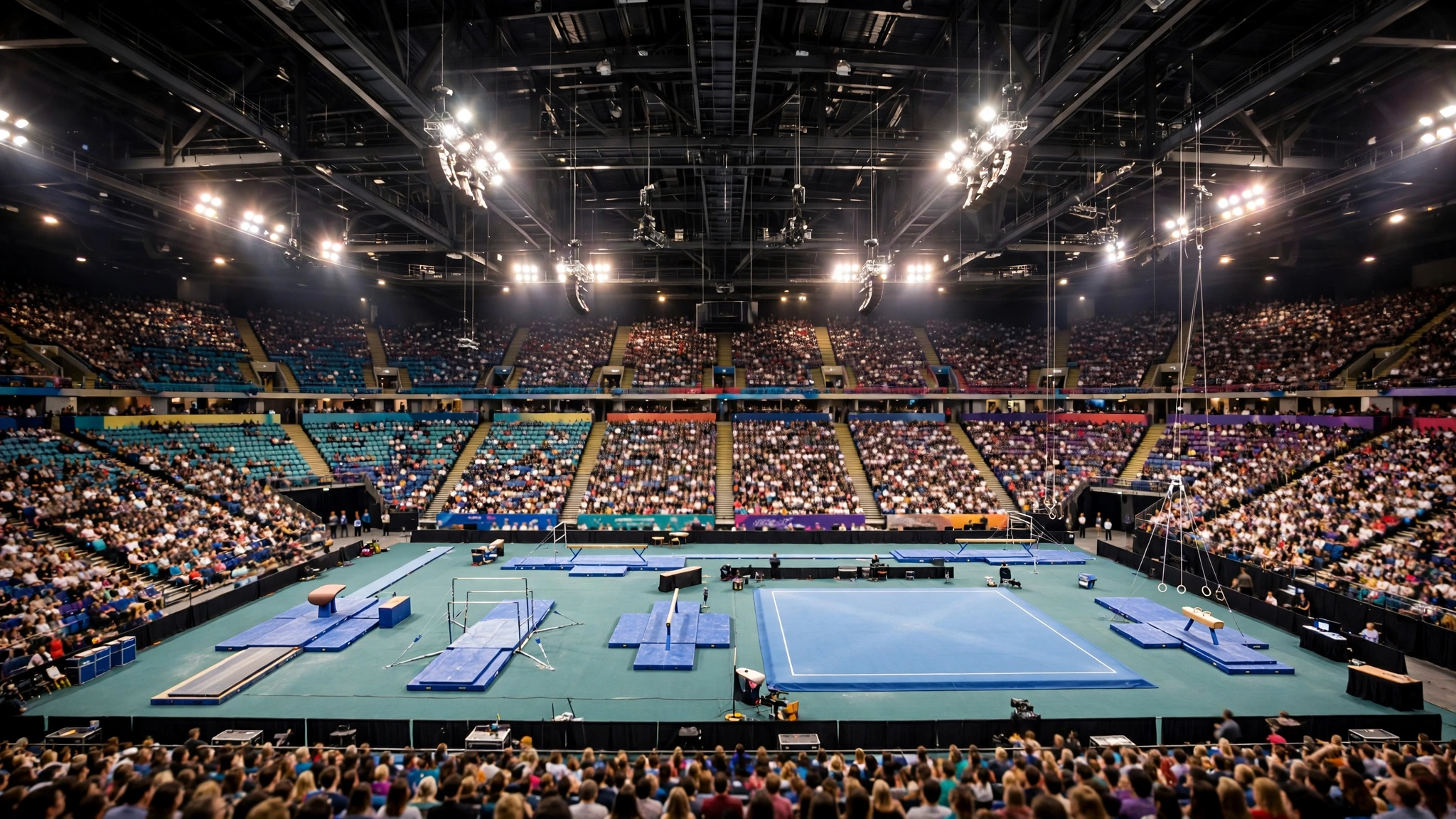 A wide view of a gymnastics championship arena with apparatus on the floor and crowded seating tiers