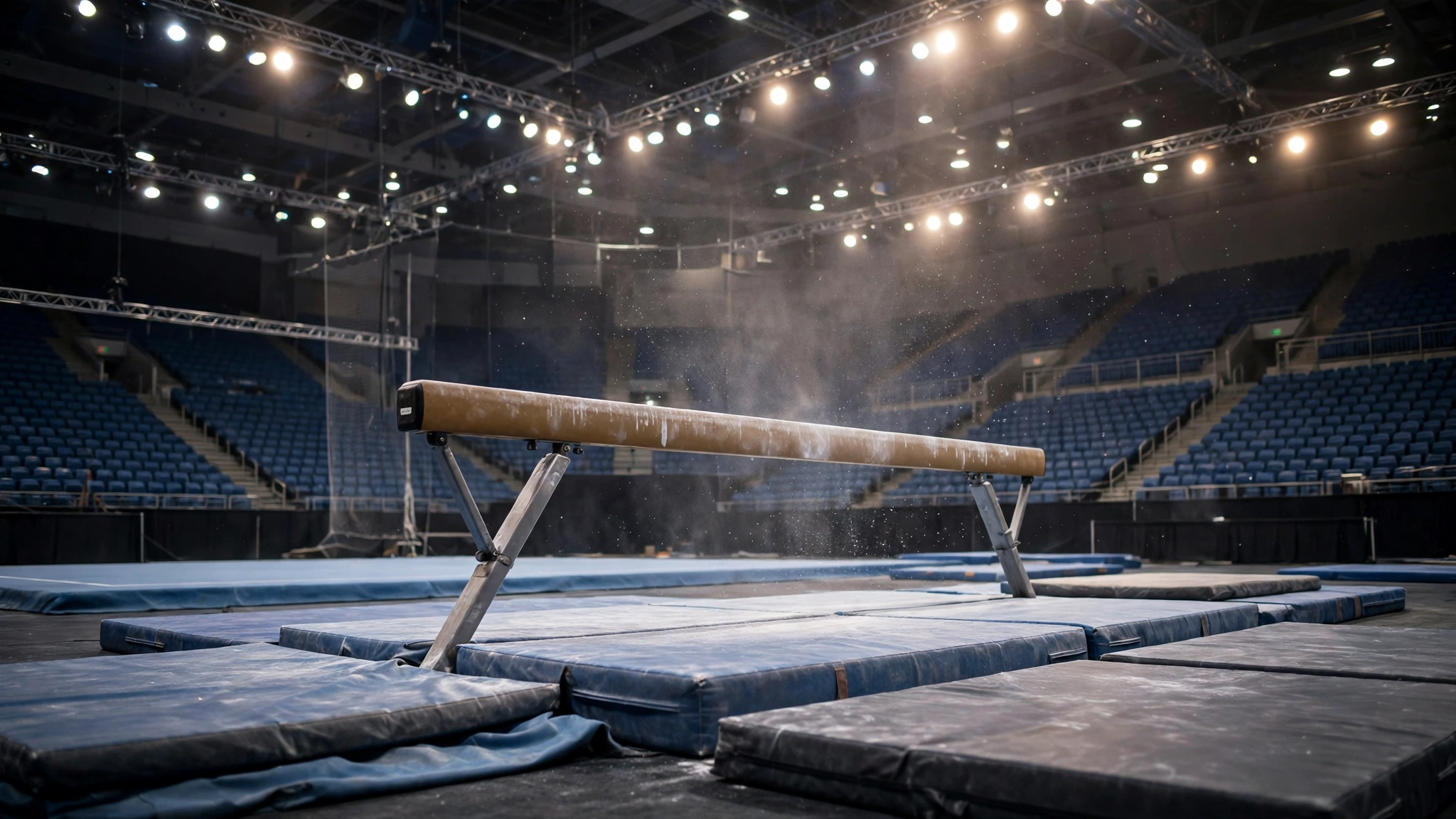 A balance beam with chalk dust in an empty gymnastics arena with blue seating tiers