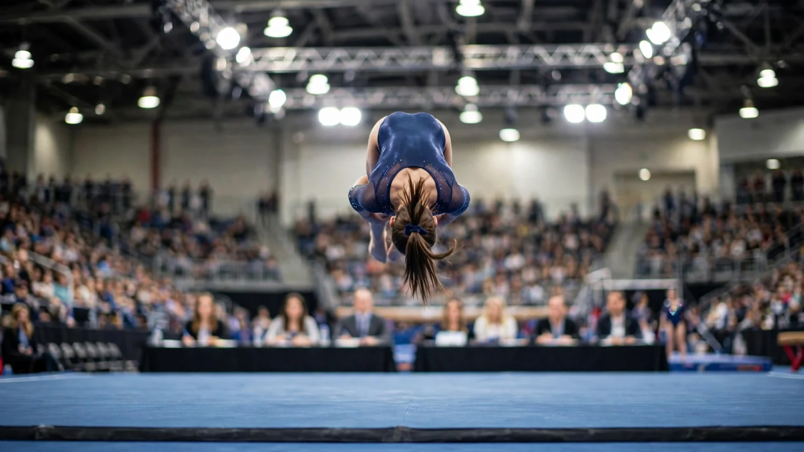 A gymnast mid-tumble above a blue floor exercise mat in a large arena, seen from behind, with judges and spectators in the background