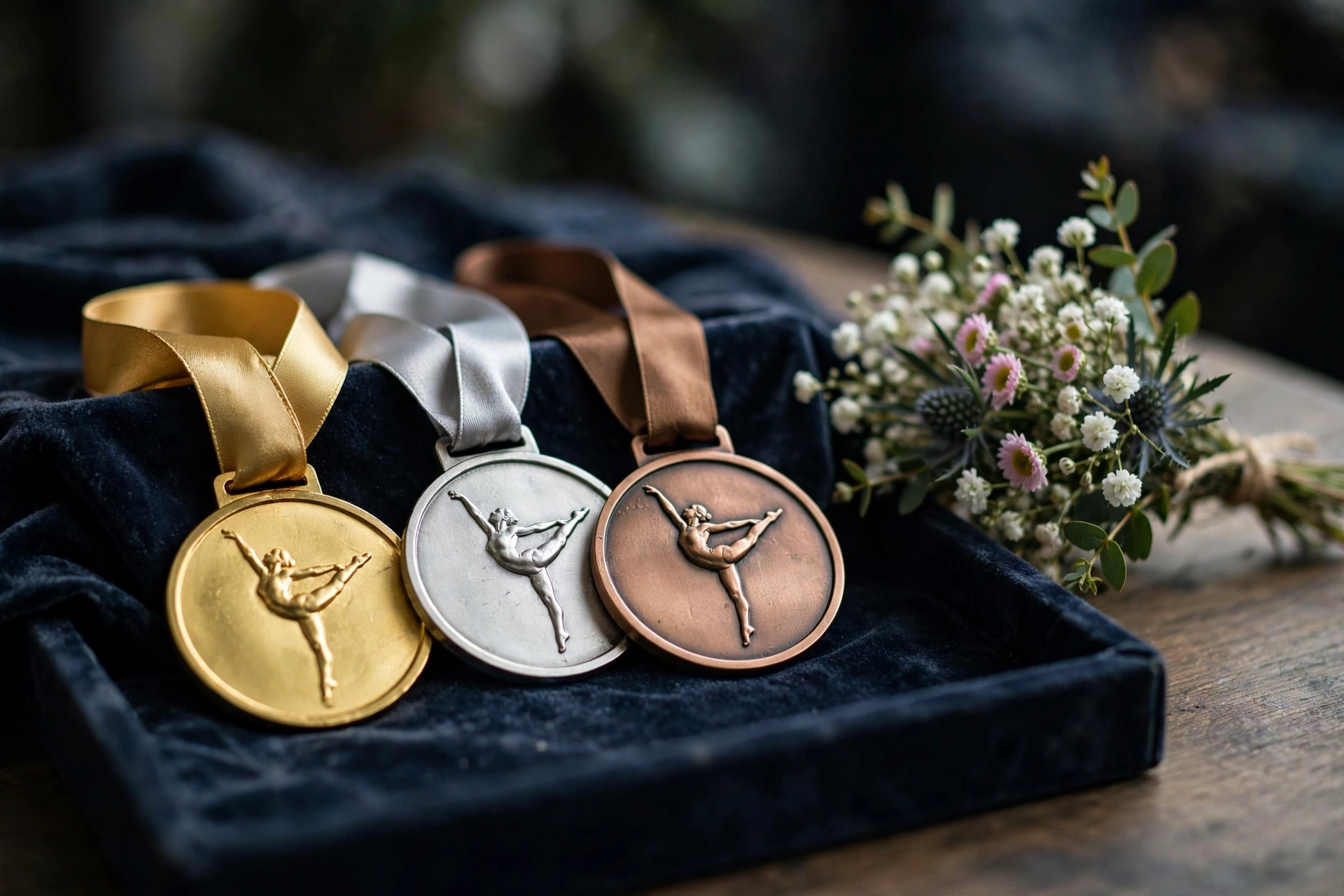 Gold, silver and bronze medals with a gymnast figure embossed on each, resting on a dark velvet tray beside a small bouquet